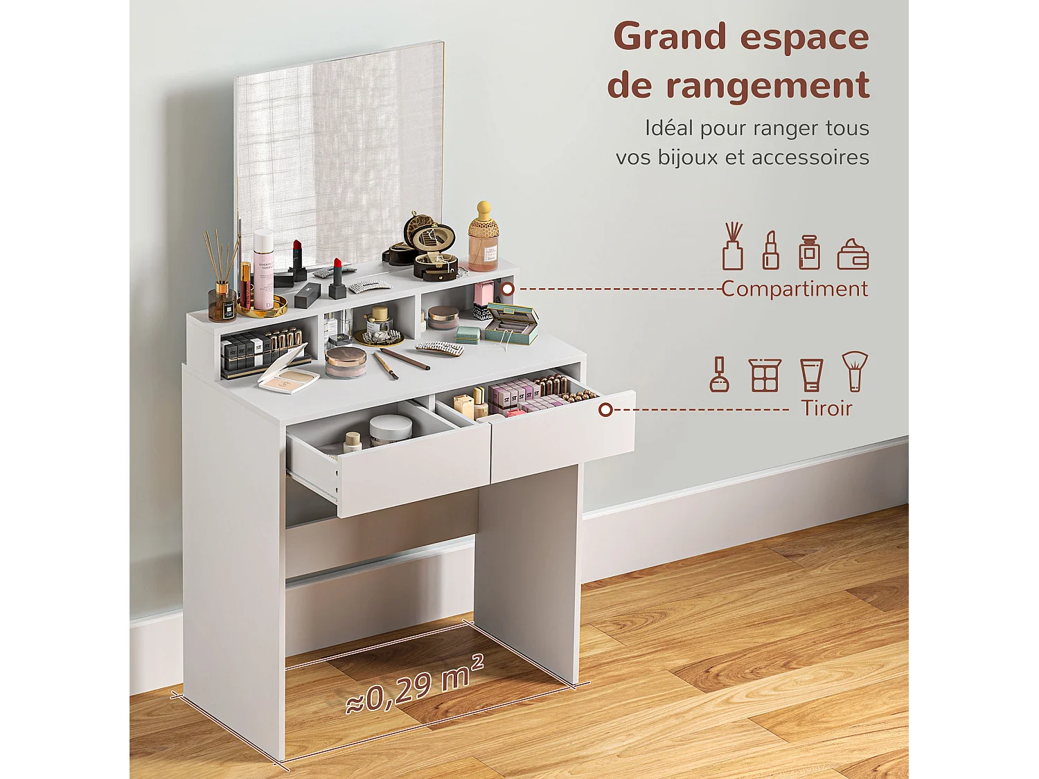 Coiffeuse grand miroir - 2 tiroirs, 3 compartiments, étagère - dim. 75 x 38 x 135 cm - blanc
