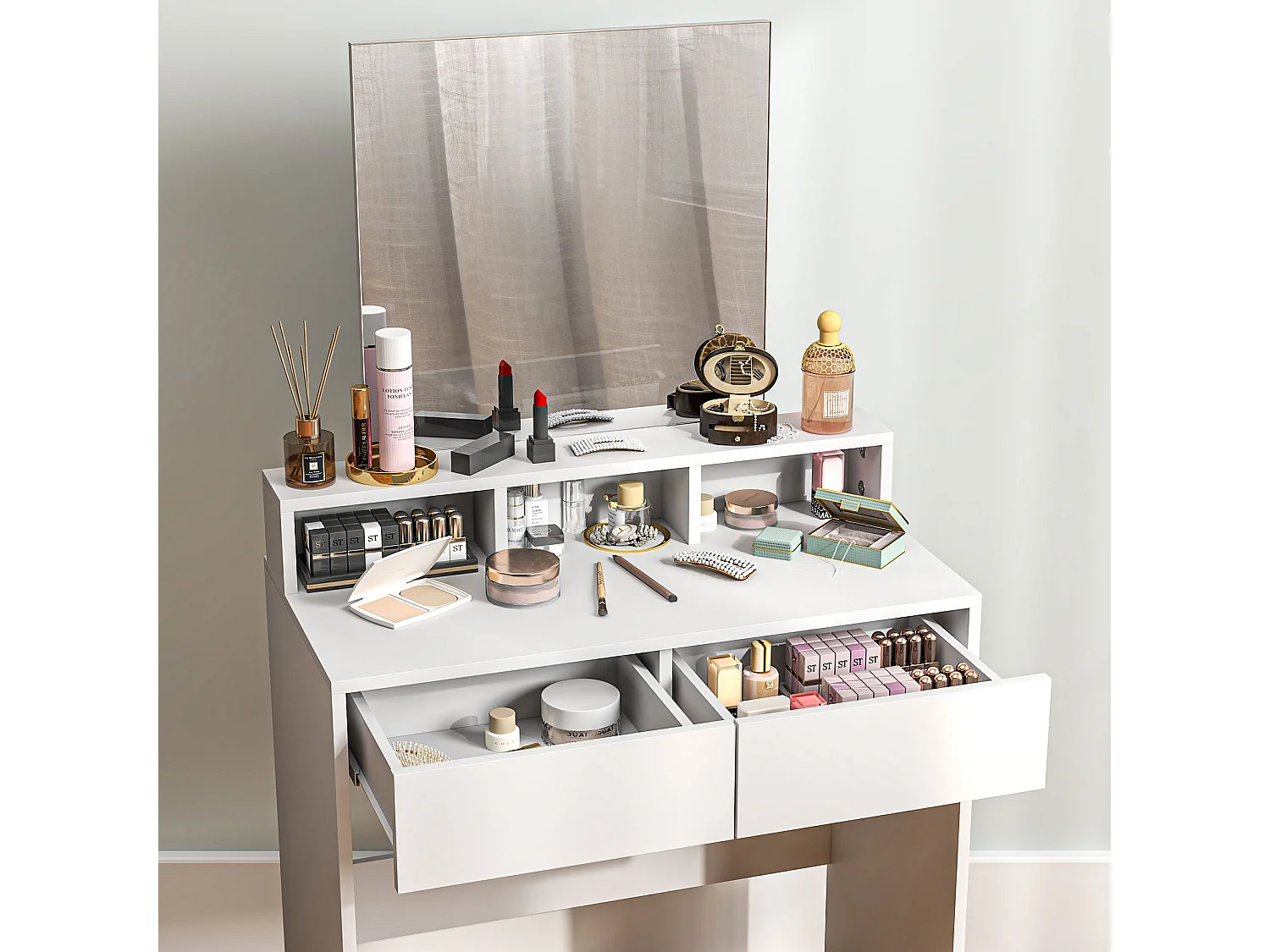 Coiffeuse grand miroir - 2 tiroirs, 3 compartiments, étagère - dim. 75 x 38 x 135 cm - blanc