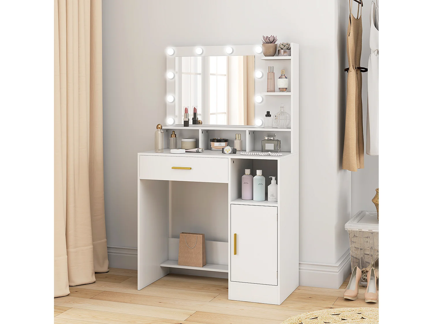 Coiffeuse miroir Hollywood réglable - tiroir, porte, 5 étagères, 4 niches - blanc doré