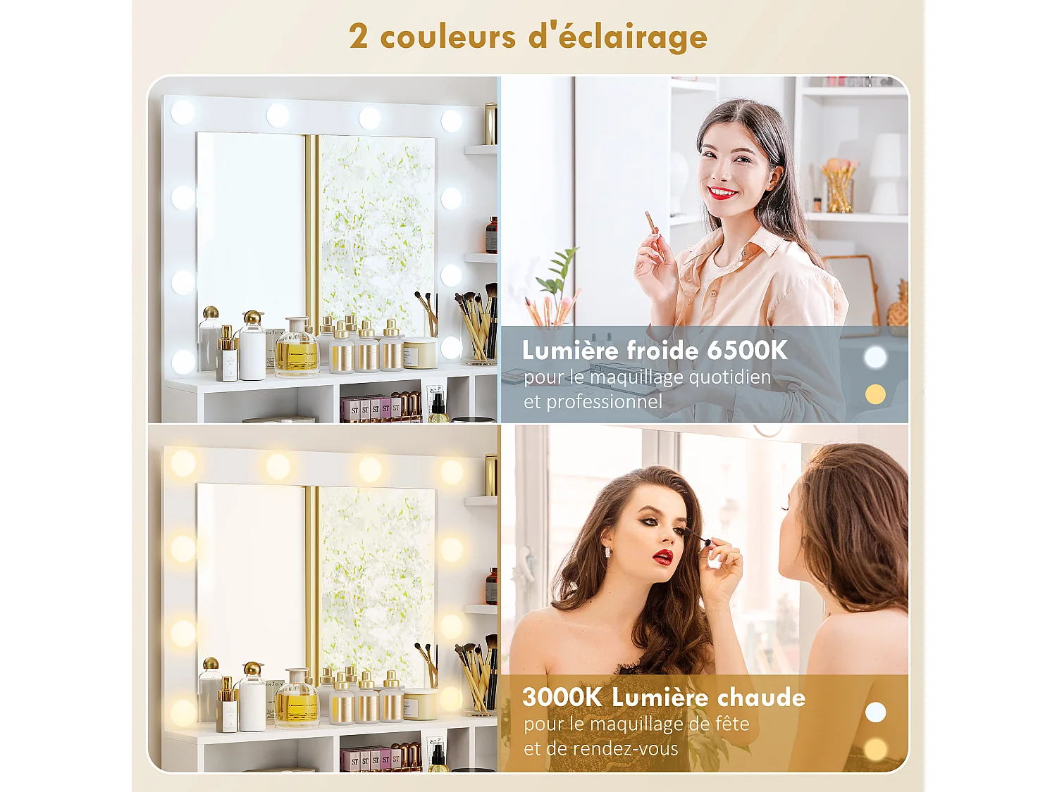 Coiffeuse miroir Hollywood réglable - tiroir, porte, 5 étagères, 4 niches - blanc doré