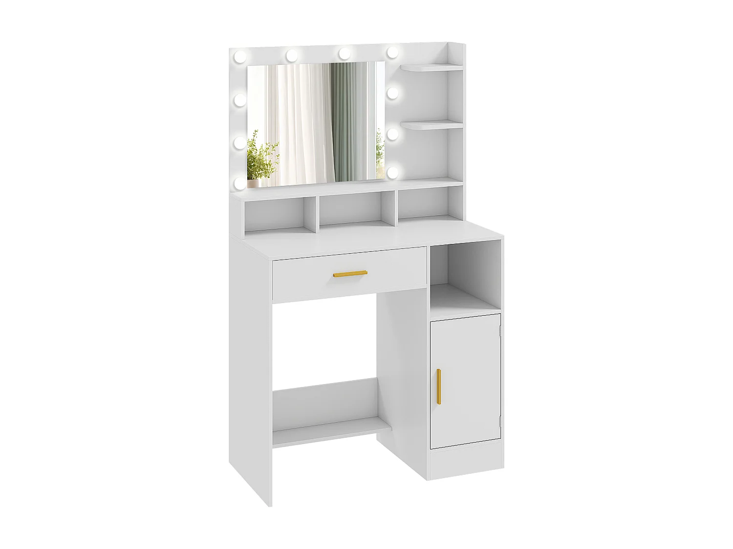Coiffeuse miroir Hollywood réglable - tiroir, porte, 5 étagères, 4 niches - blanc doré