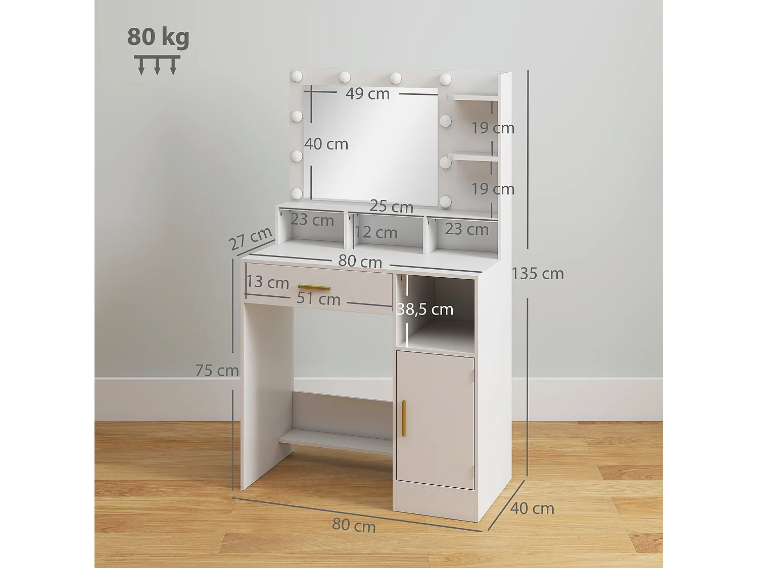 Coiffeuse miroir Hollywood réglable - tiroir, porte, 5 étagères, 4 niches - blanc doré