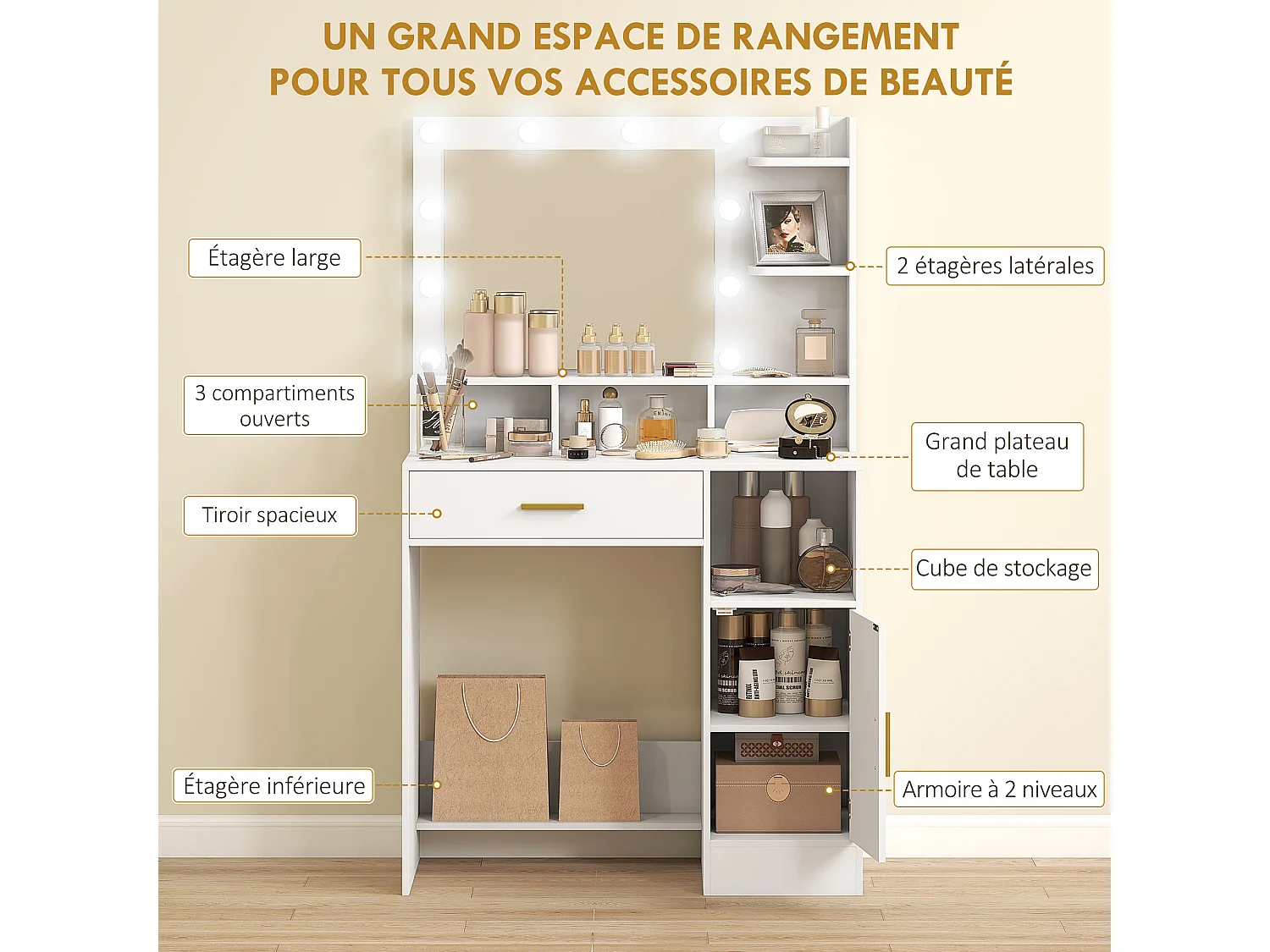 Coiffeuse miroir Hollywood réglable - tiroir, porte, 5 étagères, 4 niches - blanc doré