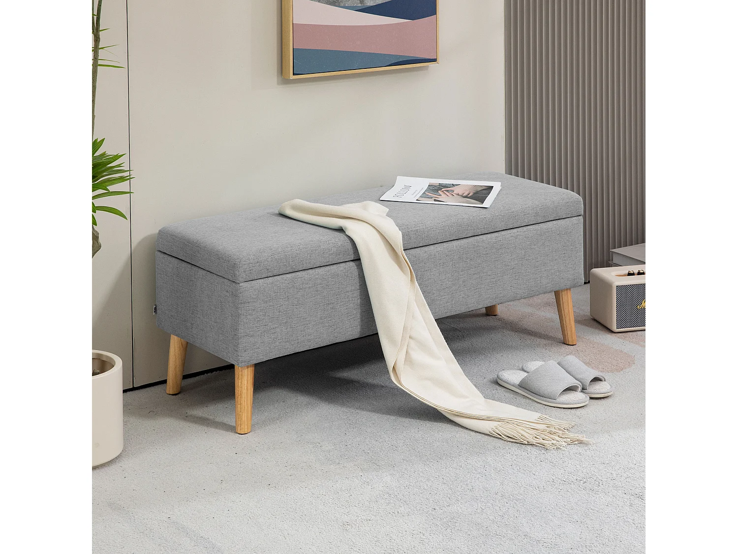 Banc coffre de rangement style scandinave piètement éffilé incliné bois hévéa tissu gris