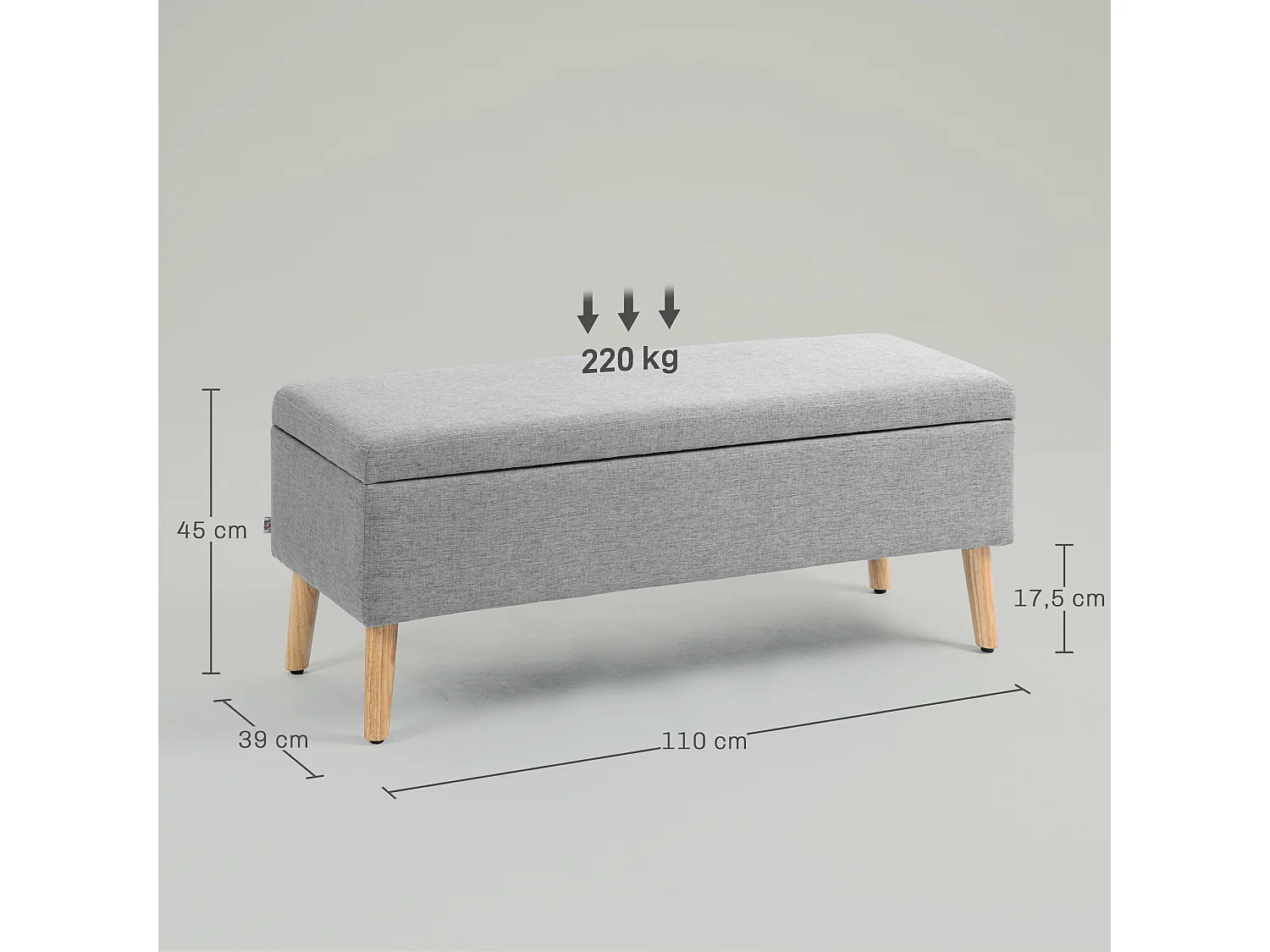Banc coffre de rangement style scandinave piètement éffilé incliné bois hévéa tissu gris