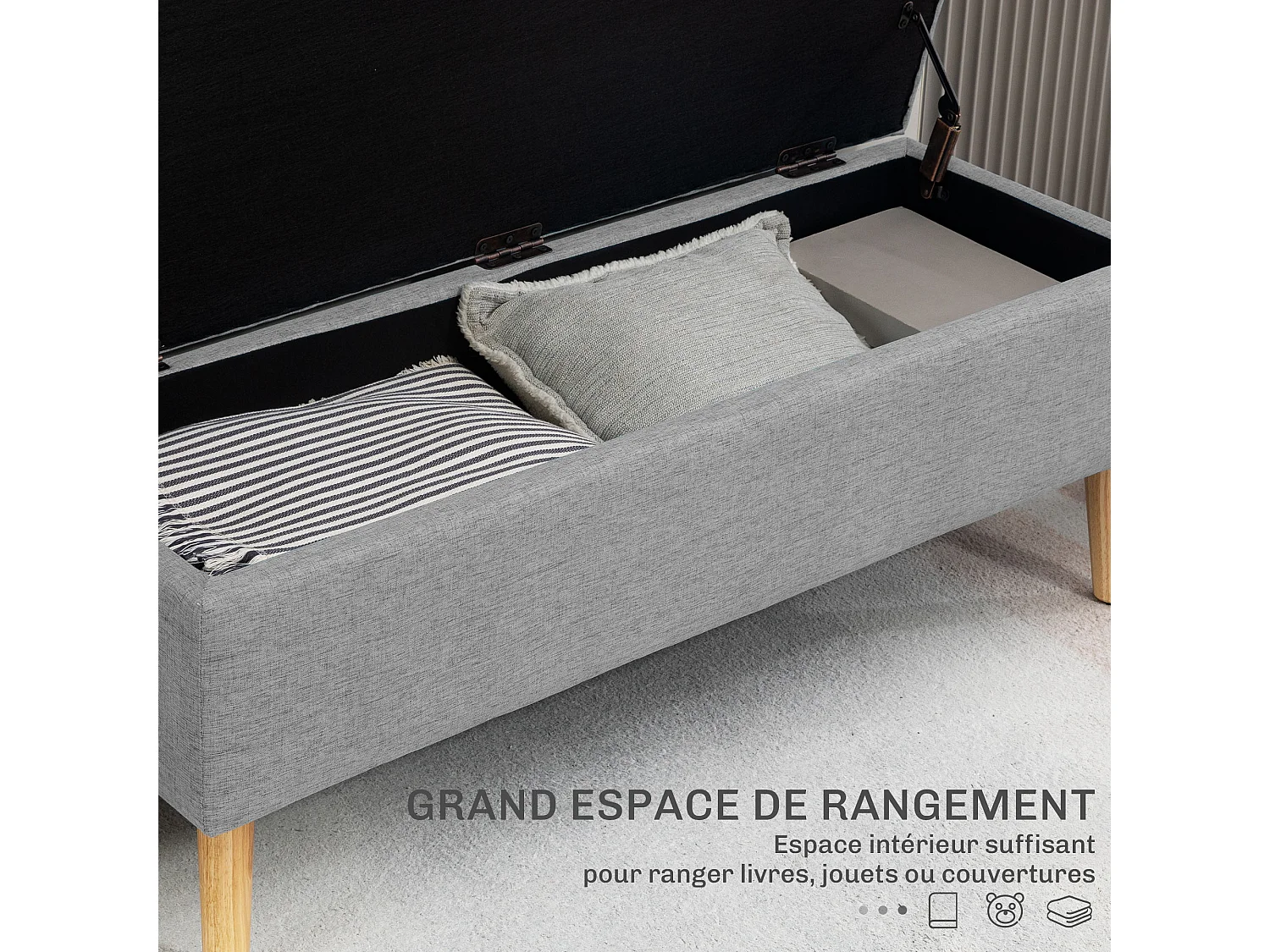 Banc coffre de rangement style scandinave piètement éffilé incliné bois hévéa tissu gris