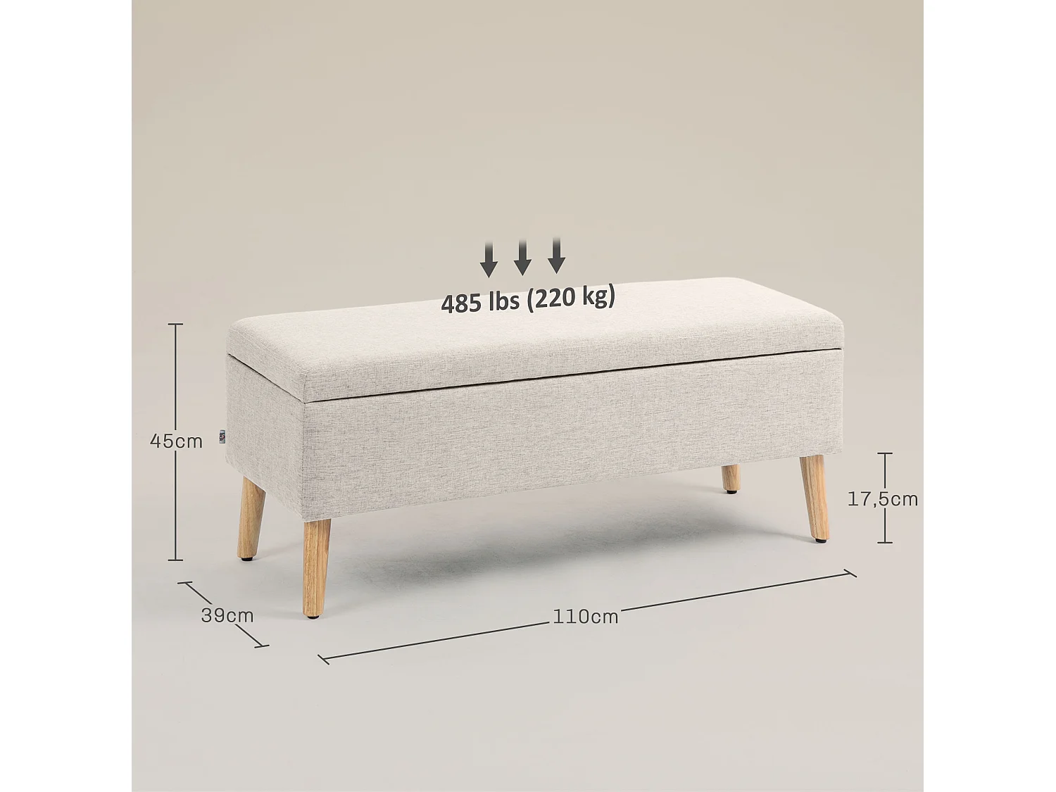 Banc coffre de rangement style scandinave piètement éffilé incliné bois hévéa tissu beige