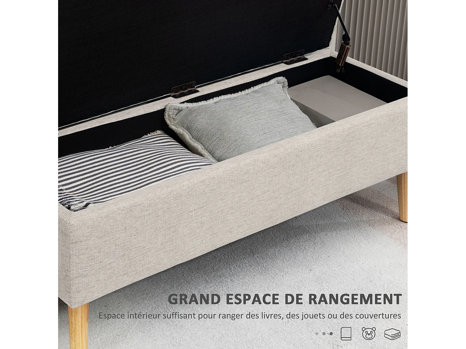 Banc coffre de rangement style scandinave piètement éffilé incliné bois hévéa tissu beige