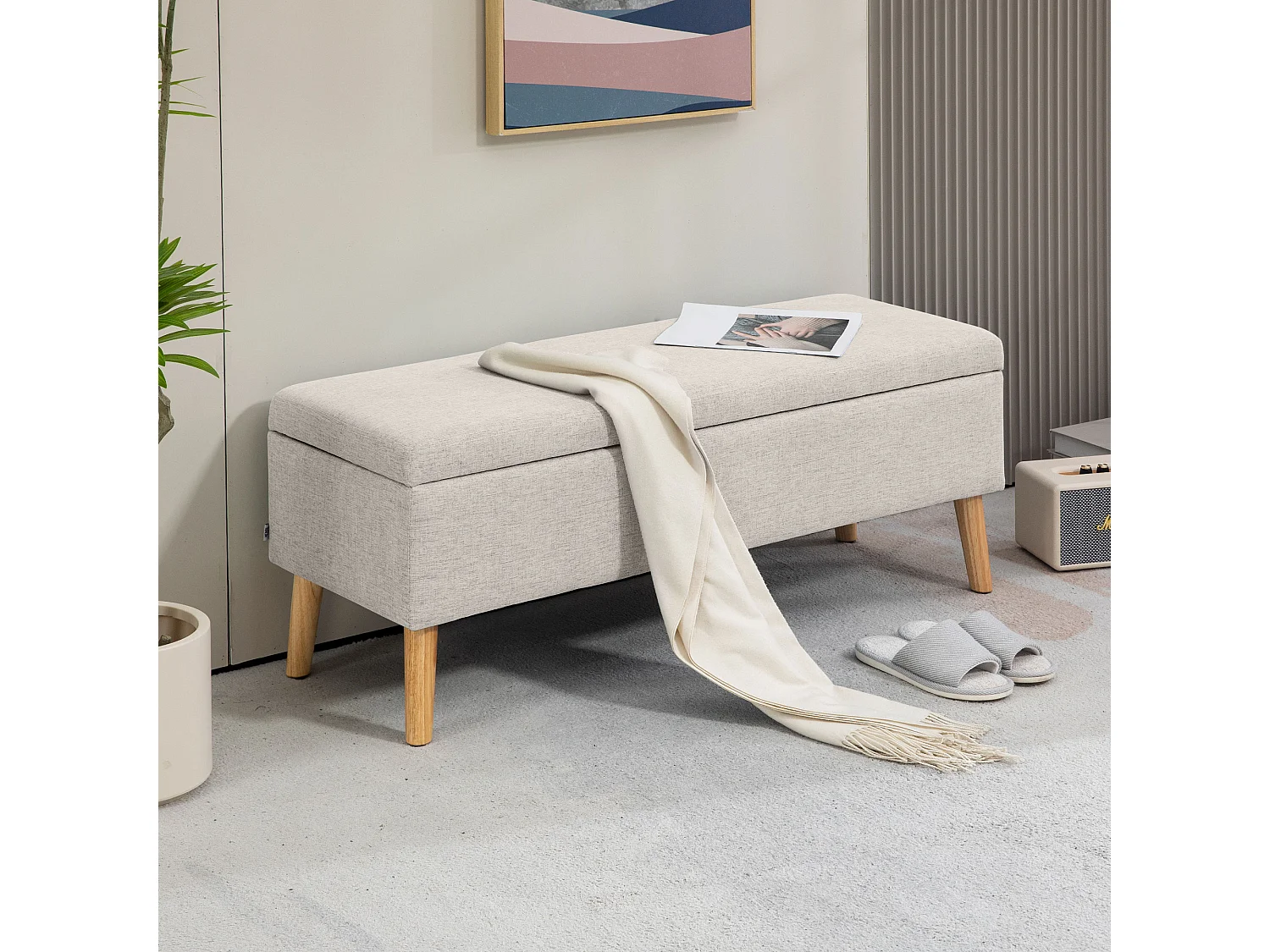 Banc coffre de rangement style scandinave piètement éffilé incliné bois hévéa tissu beige
