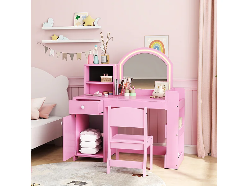 Ensemble coiffeuse enfant chaise et miroir LED - multi-rangement - rose