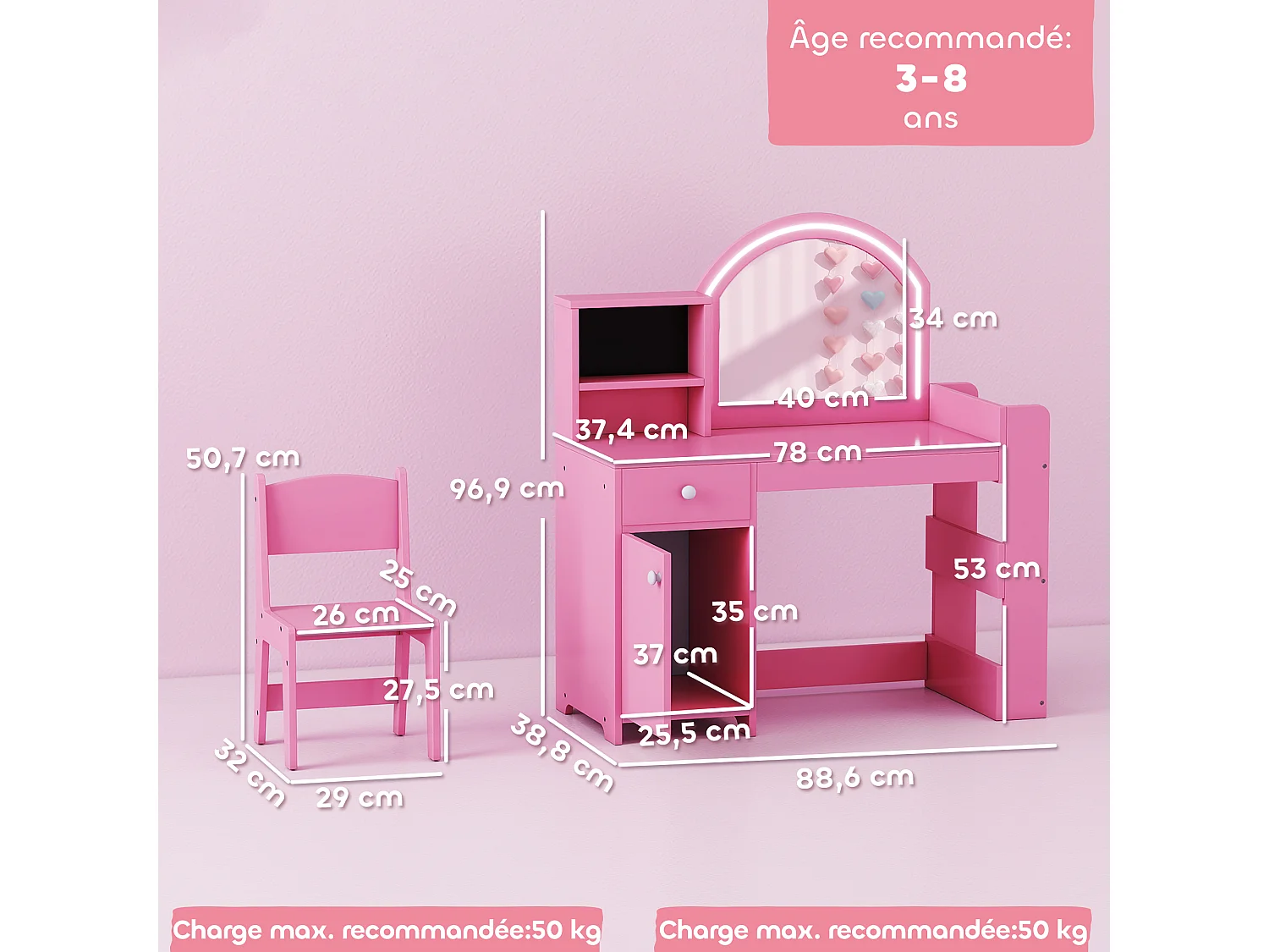 Ensemble coiffeuse enfant chaise et miroir LED - multi-rangement - rose