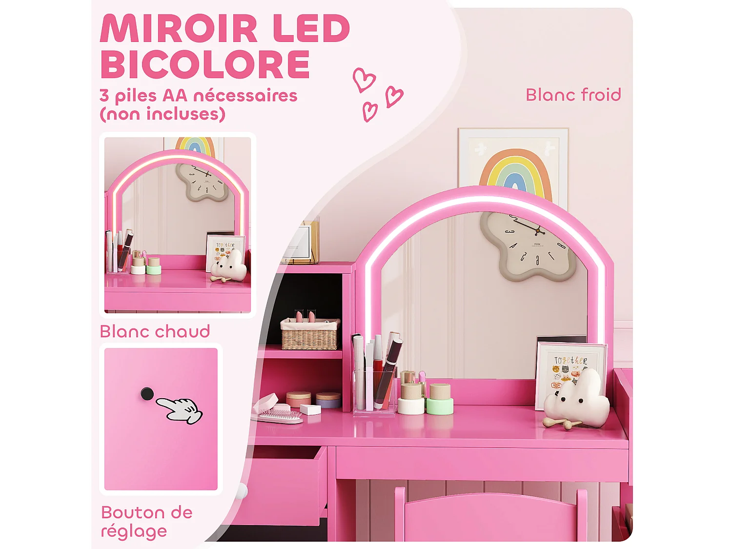 Ensemble coiffeuse enfant chaise et miroir LED - multi-rangement - rose