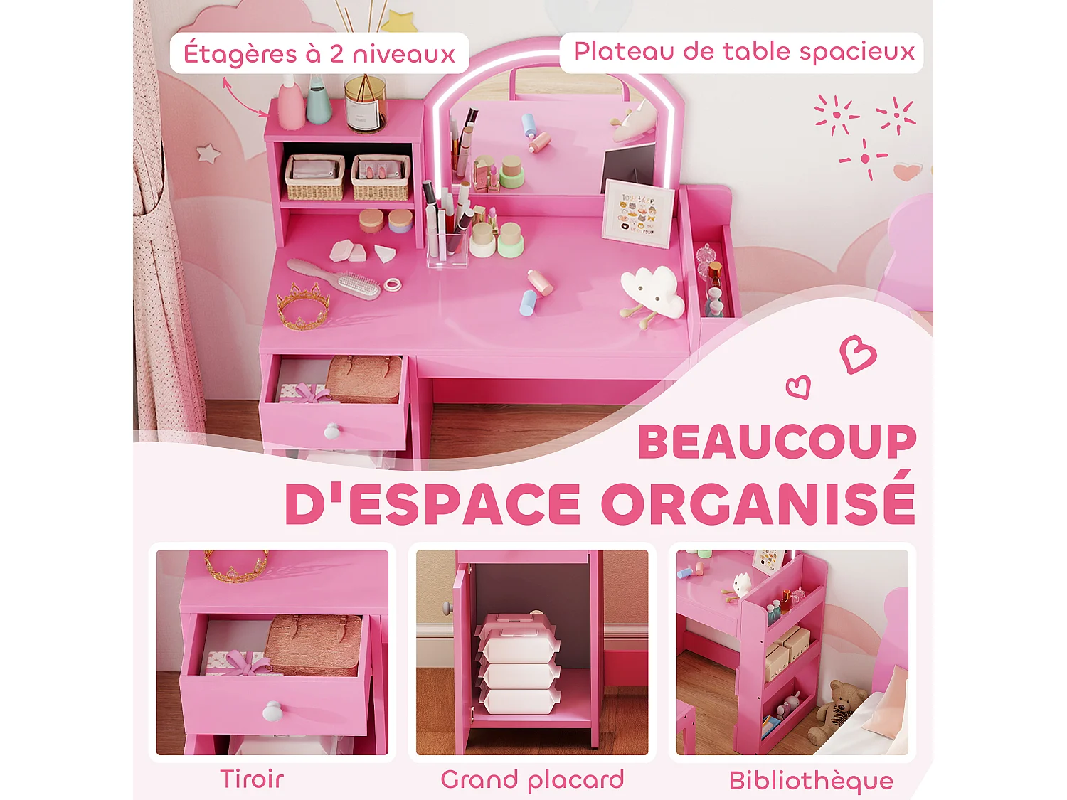Ensemble coiffeuse enfant chaise et miroir LED - multi-rangement - rose
