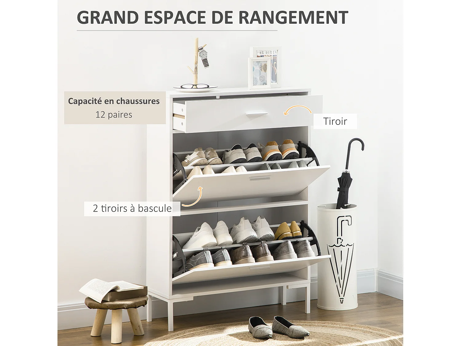 Armoire à Chaussures Moderne Blanc 12 Paires, Étroite avec Tiroirs Rabattables et Étagères Ajustables