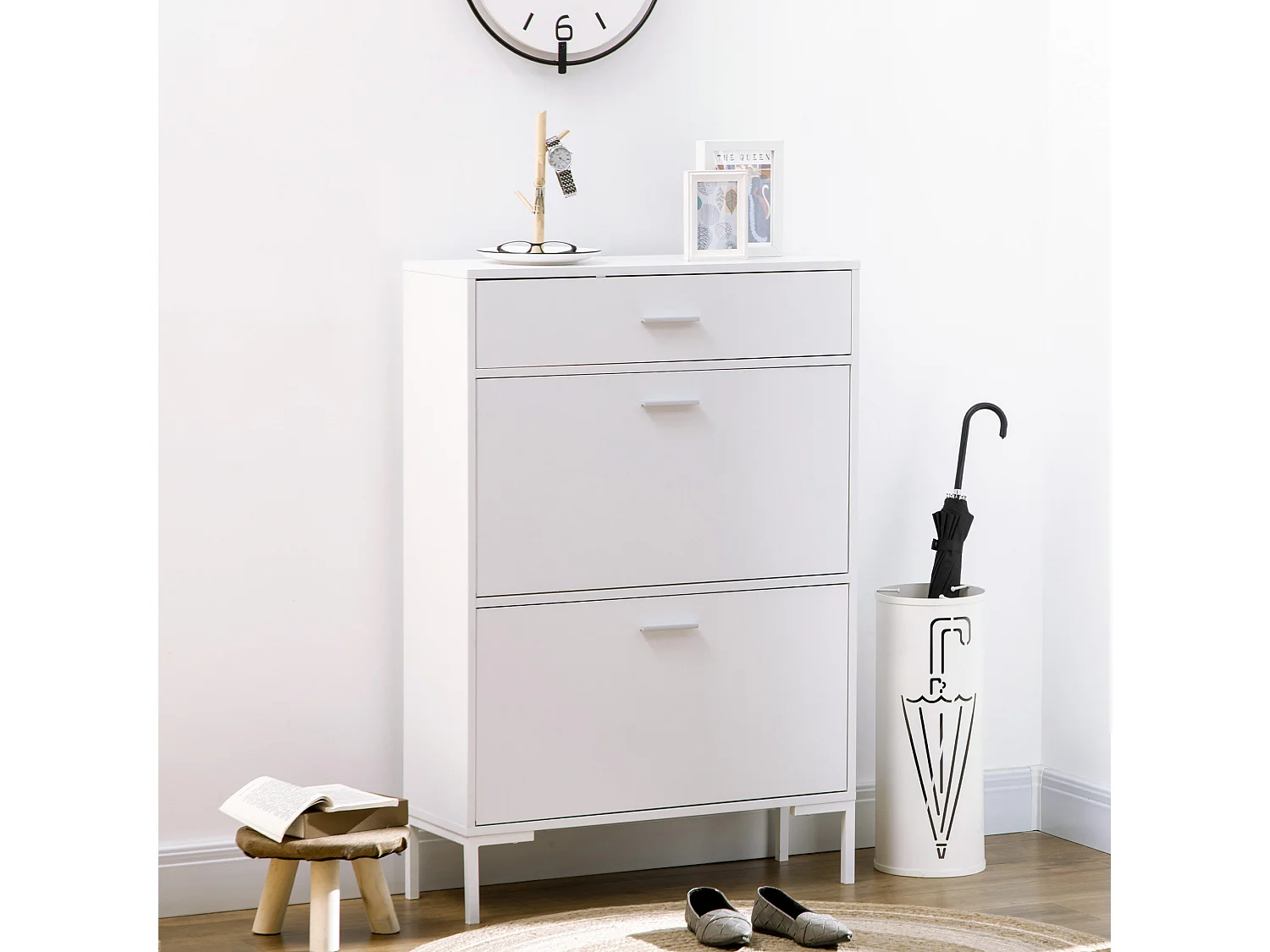 Armoire à Chaussures Moderne Blanc 12 Paires, Étroite avec Tiroirs Rabattables et Étagères Ajustables