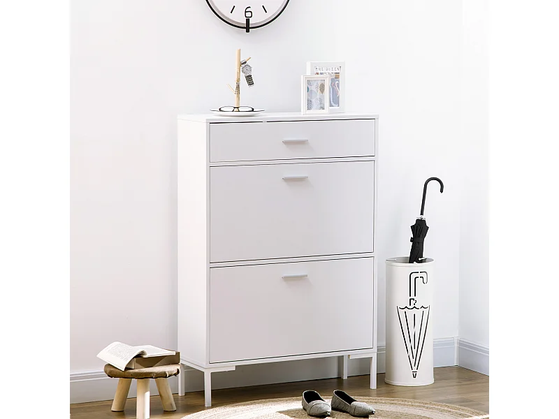 Armoire à Chaussures Moderne Blanc 12 Paires, Étroite avec Tiroirs Rabattables et Étagères Ajustables