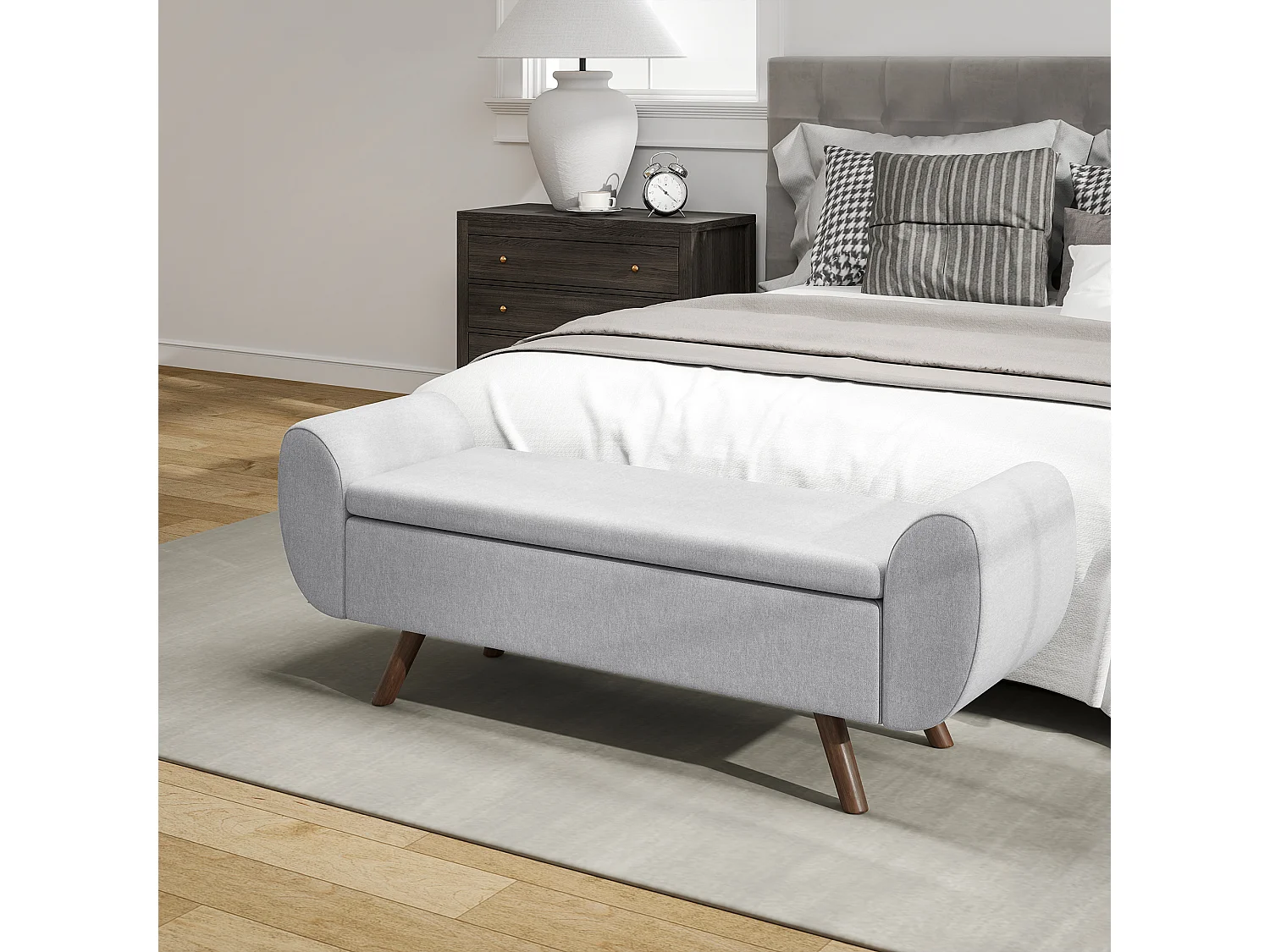 Banc coffre design - banquette avec rangement - dim. 132 x 42 x 50 cm - piètement bois tissu gris clair