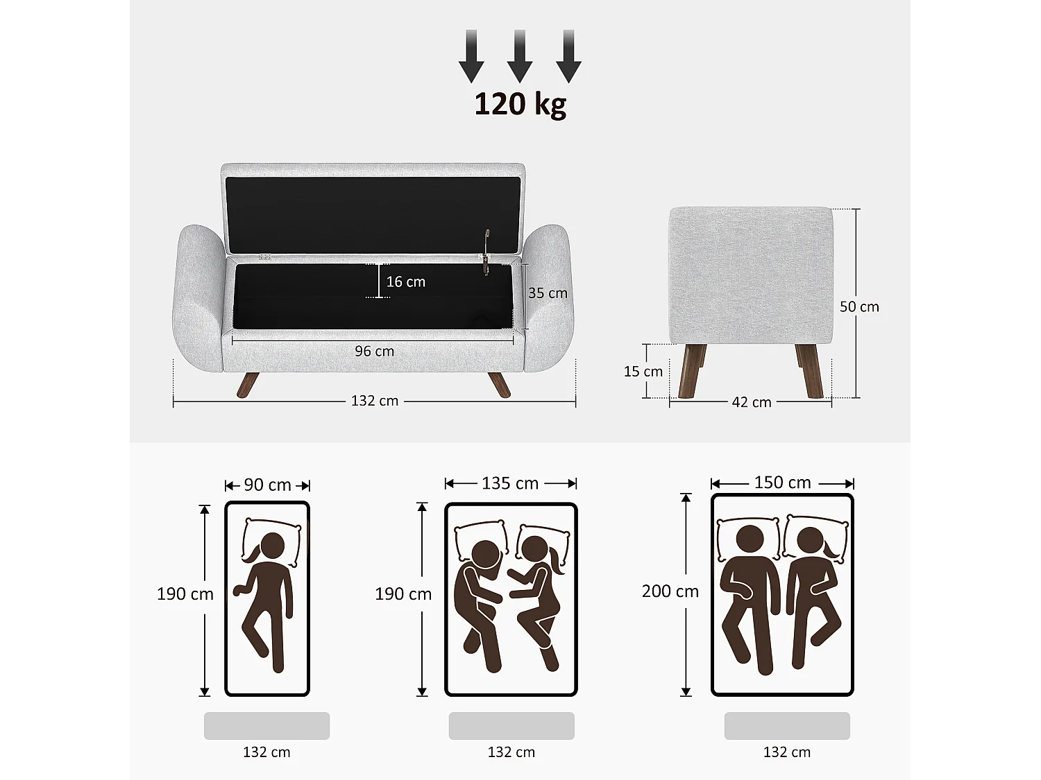 Banc coffre design - banquette avec rangement - dim. 132 x 42 x 50 cm - piètement bois tissu gris clair