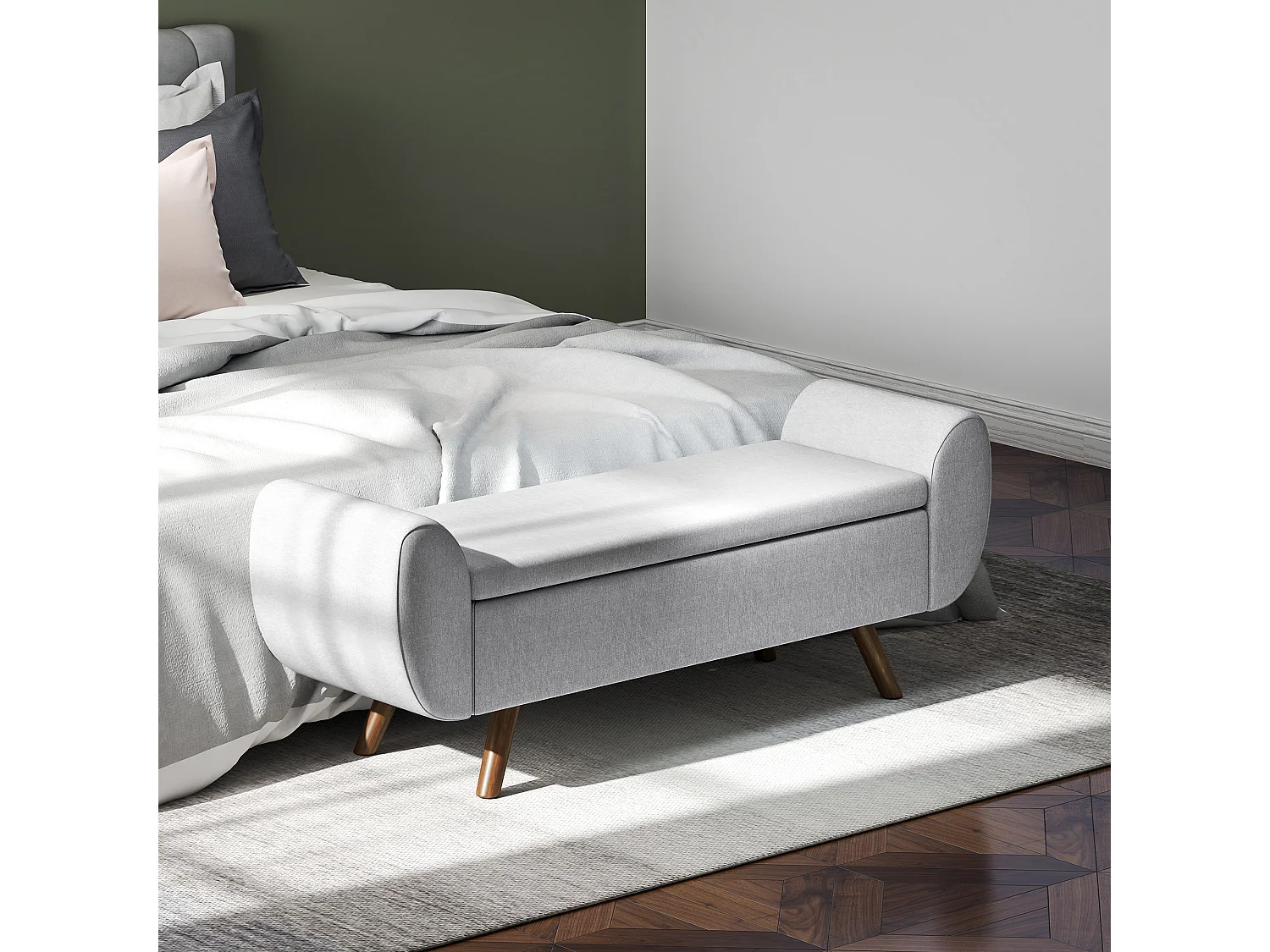 Banc coffre design - banquette avec rangement - dim. 132 x 42 x 50 cm - piètement bois tissu gris clair