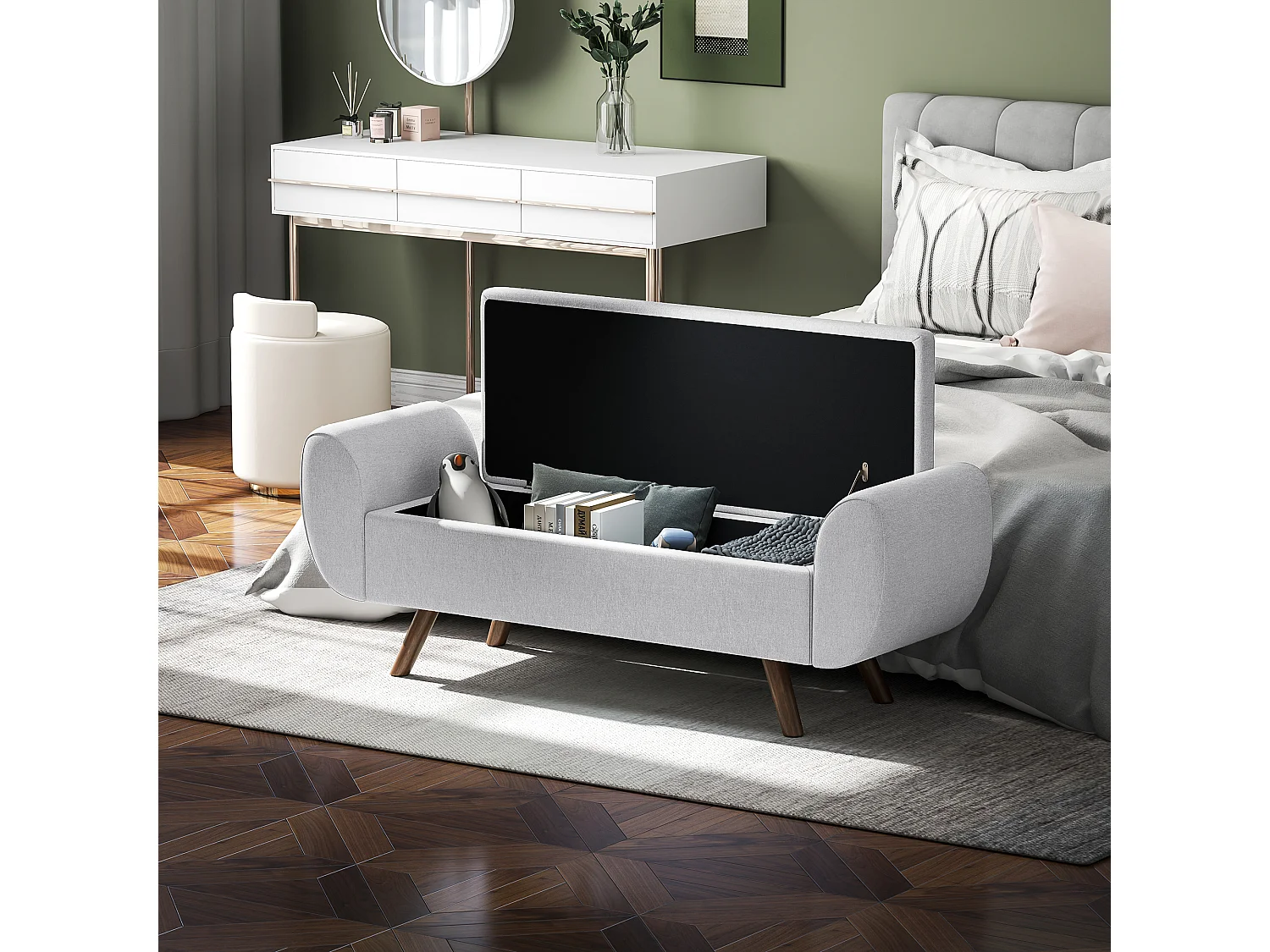 Banc coffre design - banquette avec rangement - dim. 132 x 42 x 50 cm - piètement bois tissu gris clair