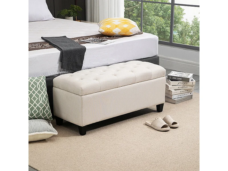 Banquette coffre de rangement style Chesterfield dim. 100 x 40 x 44 cm piètement bois noir tissu beige clair