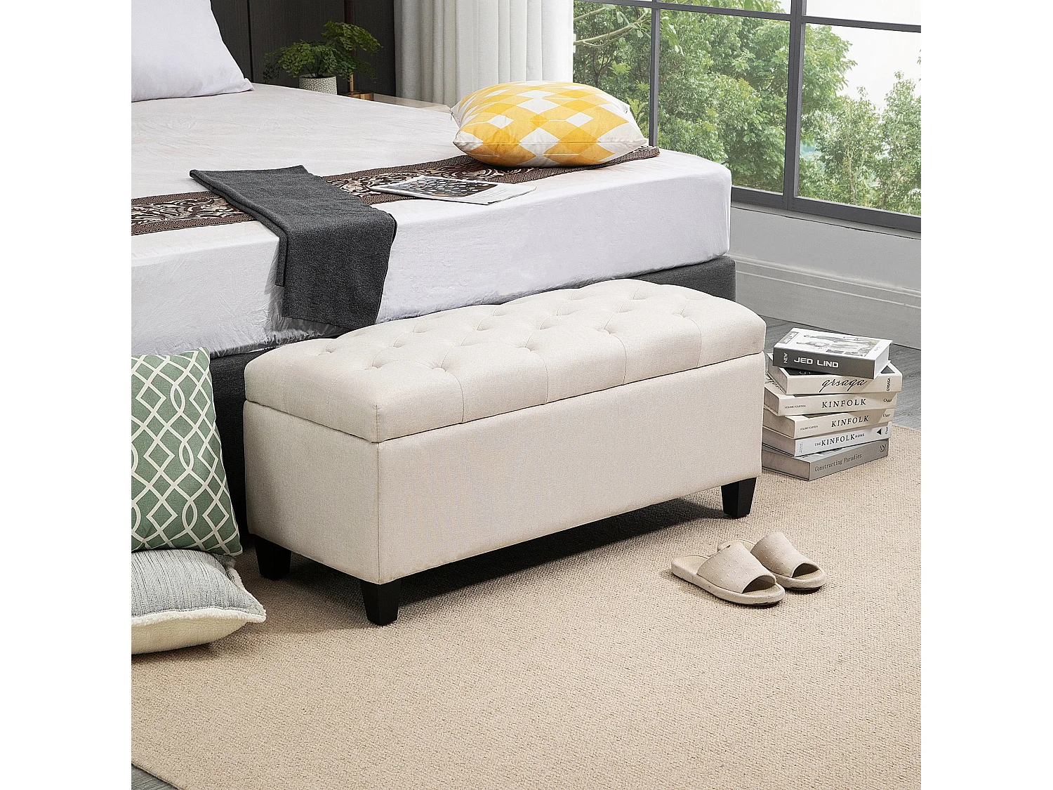 Banquette coffre de rangement style Chesterfield dim. 100 x 40 x 44 cm piètement bois noir tissu beige clair