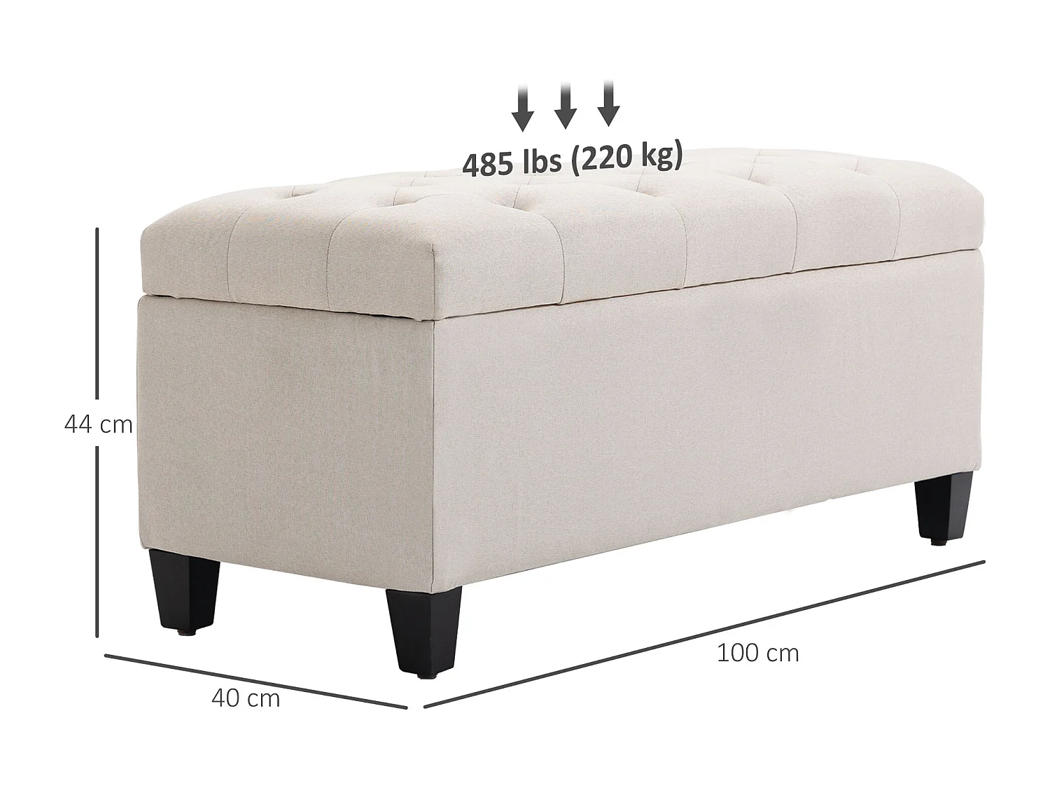 Banquette coffre de rangement style Chesterfield dim. 100 x 40 x 44 cm piètement bois noir tissu beige clair