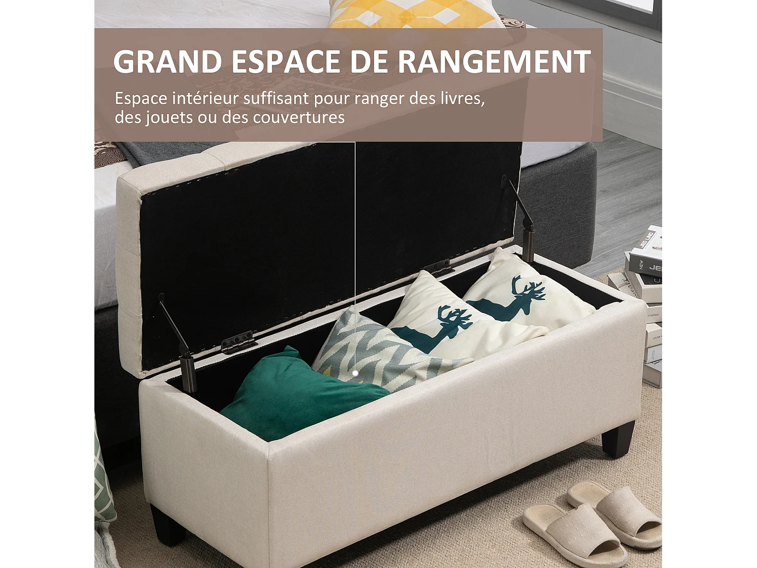 Banquette coffre de rangement style Chesterfield dim. 100 x 40 x 44 cm piètement bois noir tissu beige clair