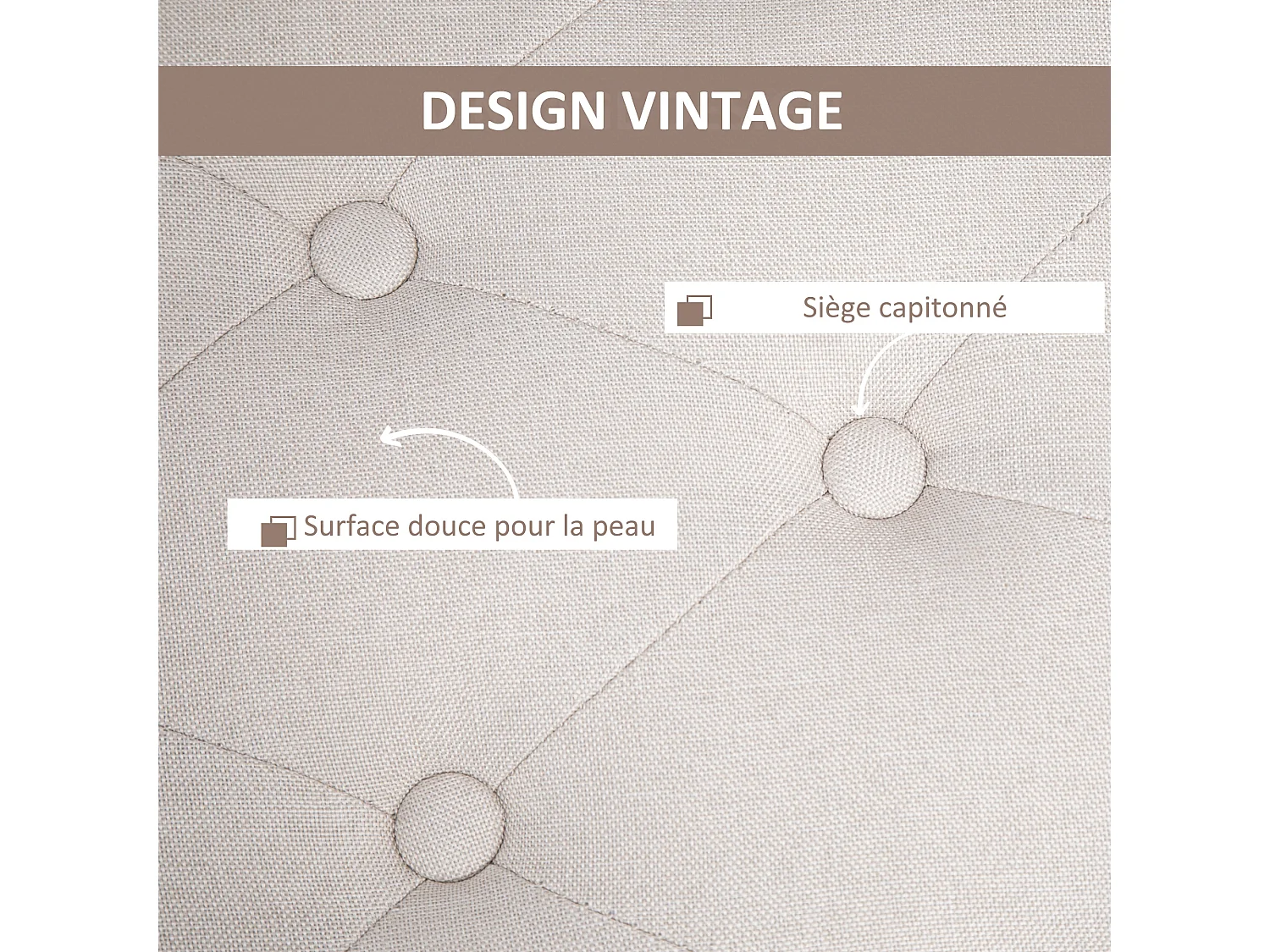 Banquette coffre de rangement style Chesterfield dim. 100 x 40 x 44 cm piètement bois noir tissu beige clair