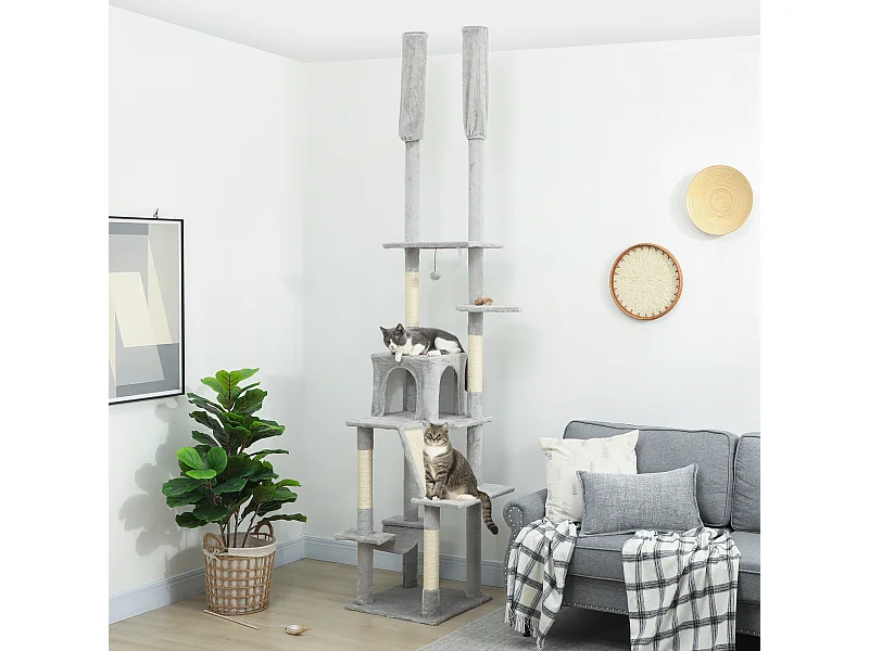 Arbre à Chat du Sol au Plafond XXL Gris Clair avec Niche, Hamac et Plates-formes