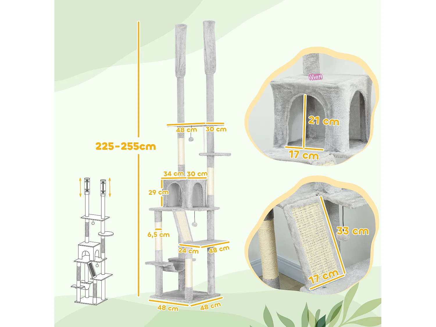 Arbre à Chat du Sol au Plafond XXL Gris Clair avec Niche, Hamac et Plates-formes