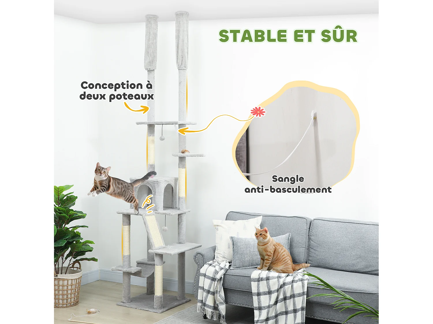 Arbre à Chat du Sol au Plafond XXL Gris Clair avec Niche, Hamac et Plates-formes