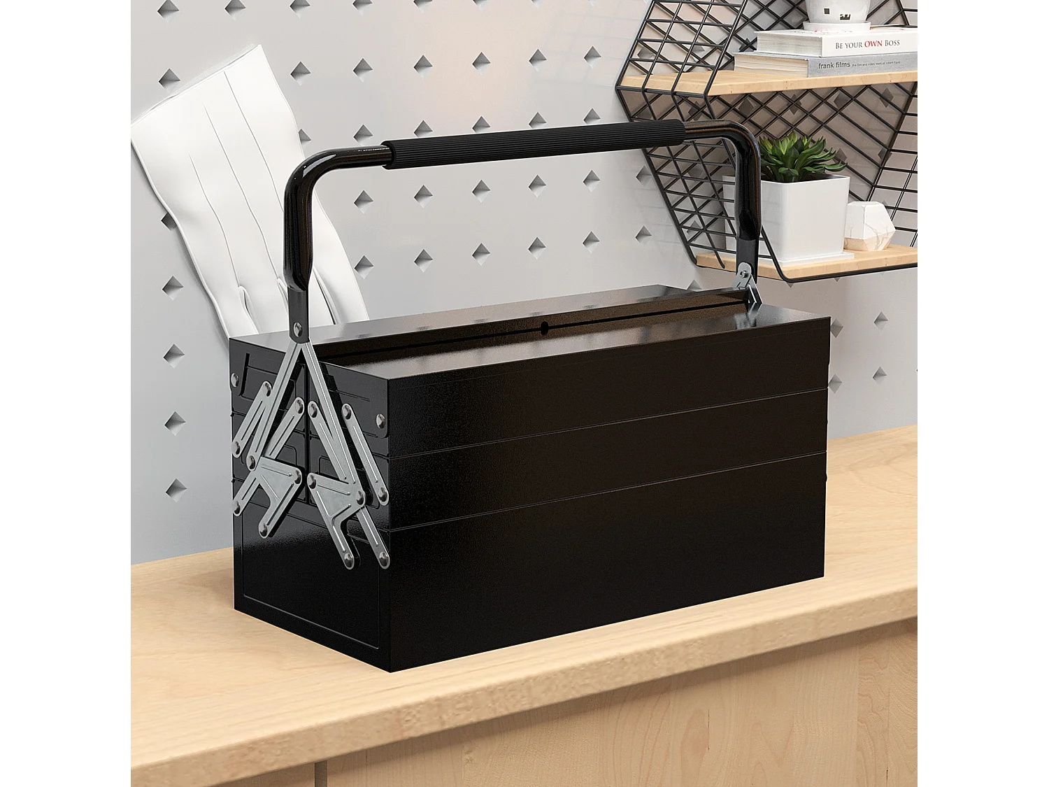 Boite à outils métallique - coffret à outils - caisse à outils 3 niveaux 5 plateaux rétractables - tôle acier noir