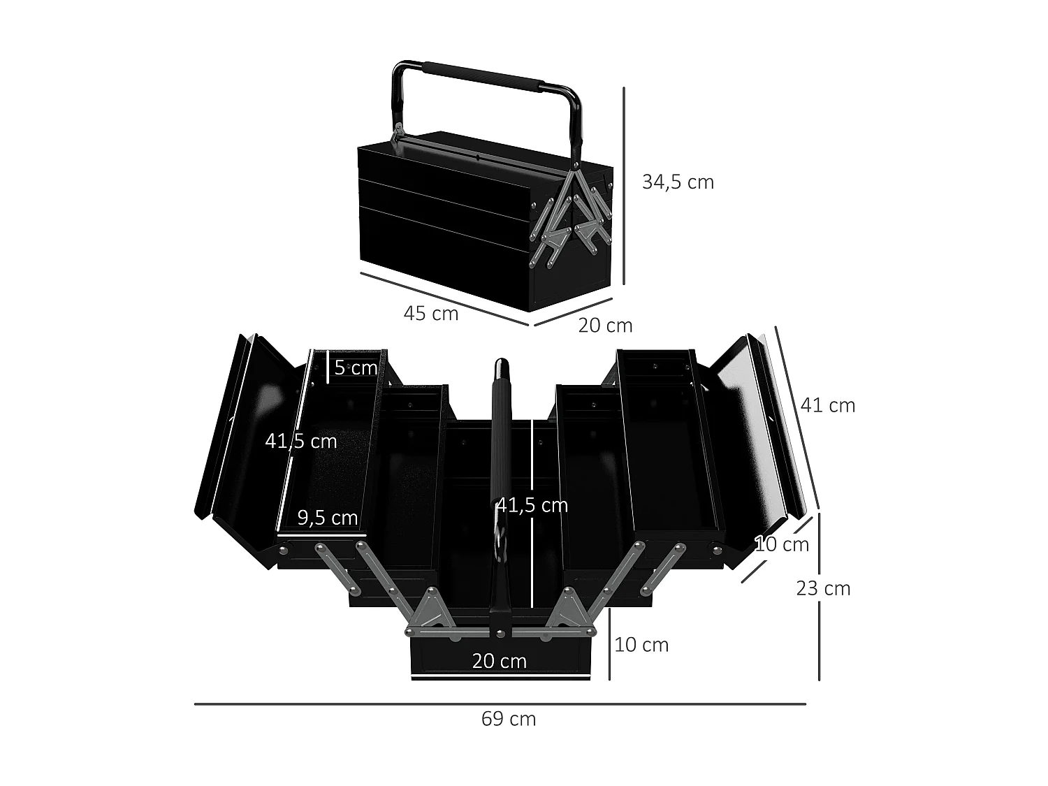 Boite à outils métallique - coffret à outils - caisse à outils 3 niveaux 5 plateaux rétractables - tôle acier noir