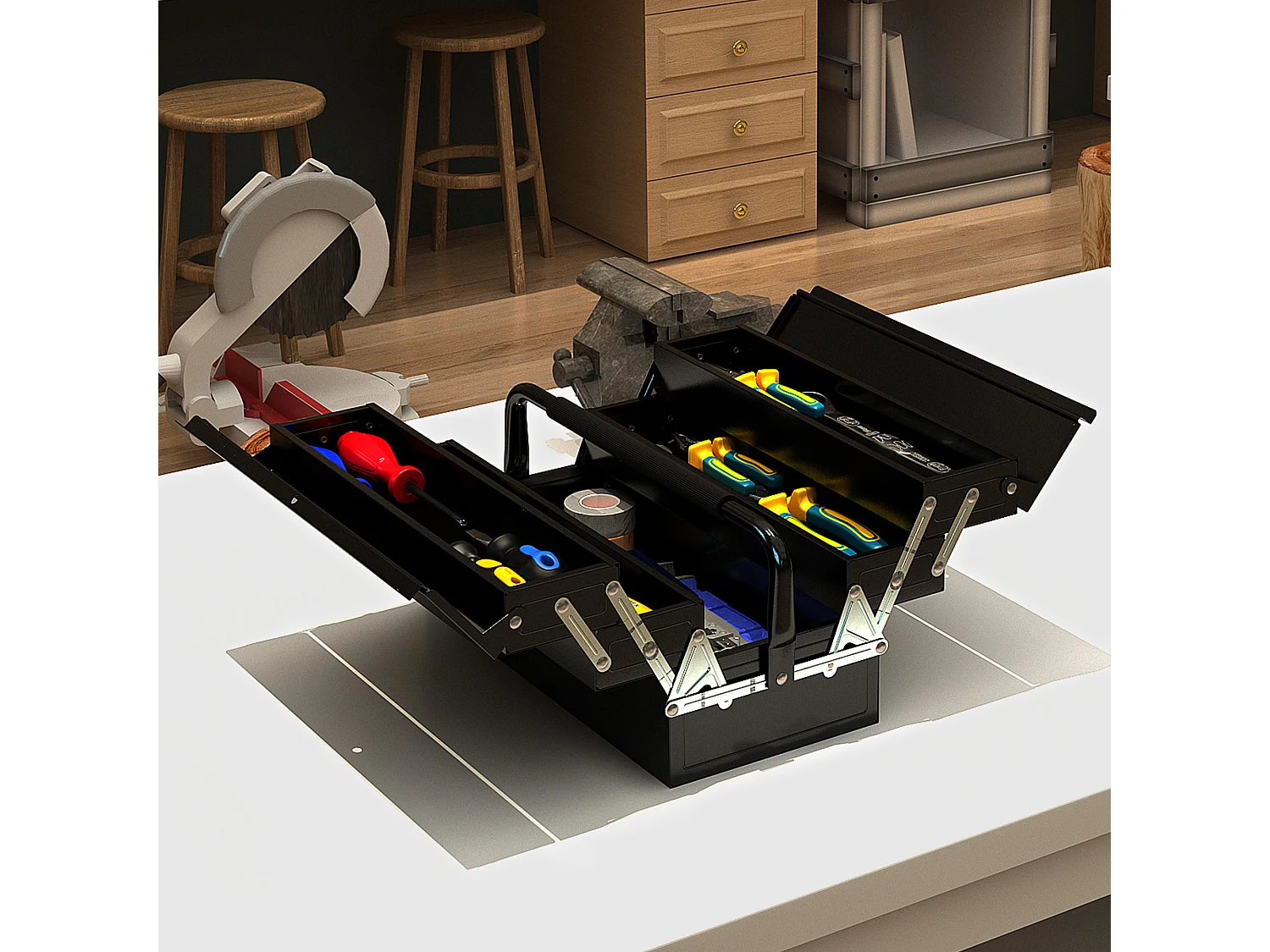 Boite à outils métallique - coffret à outils - caisse à outils 3 niveaux 5 plateaux rétractables - tôle acier noir