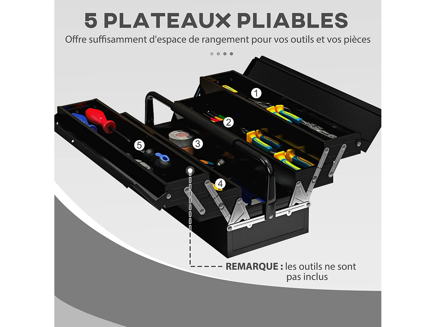 Boite à outils métallique - coffret à outils - caisse à outils 3 niveaux 5 plateaux rétractables - tôle acier noir