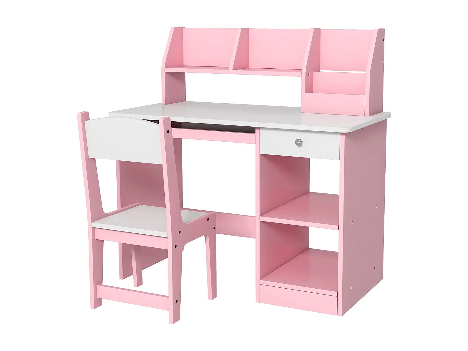 Bureau enfant multi-rangement - ensemble bureau, chaise, étagère - tiroir, plateau coulissant, 2 niches, 2 étagères, 2 présentoirs livres - rose