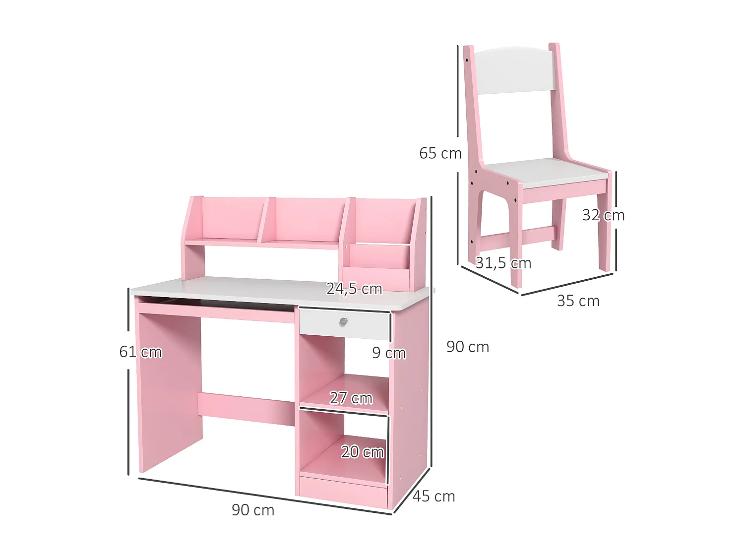 Bureau enfant multi-rangement - ensemble bureau, chaise, étagère - tiroir, plateau coulissant, 2 niches, 2 étagères, 2 présentoirs livres - rose