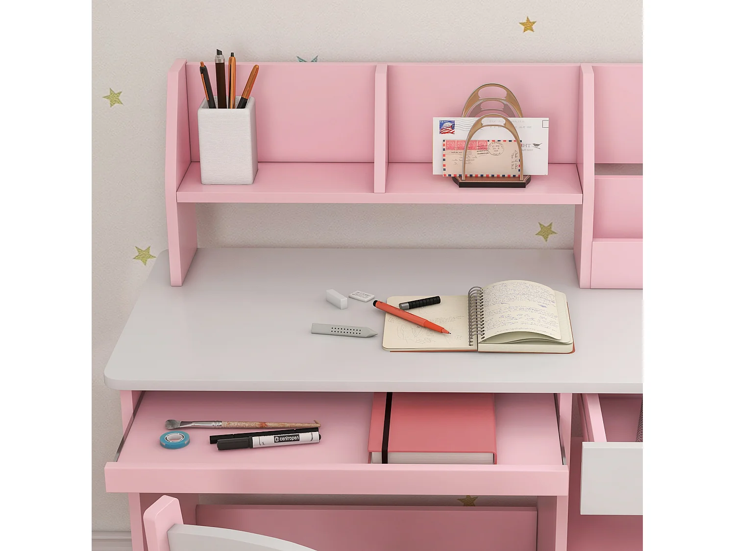 Bureau enfant multi-rangement - ensemble bureau, chaise, étagère - tiroir, plateau coulissant, 2 niches, 2 étagères, 2 présentoirs livres - rose