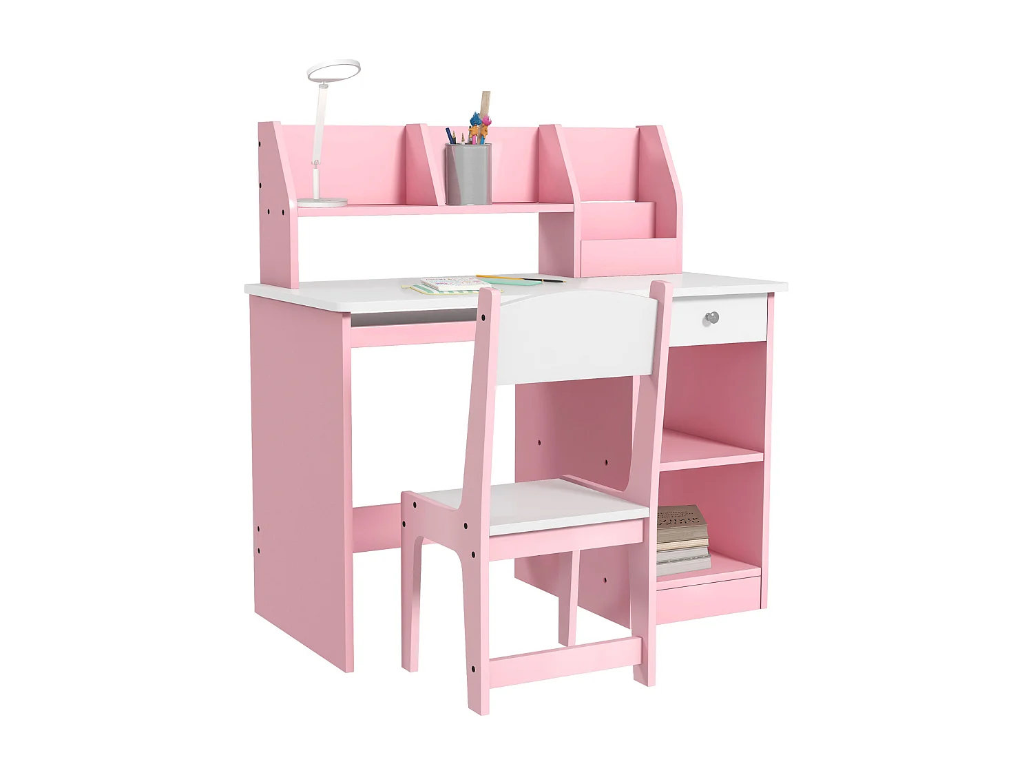 Bureau enfant multi-rangement - ensemble bureau, chaise, étagère - tiroir, plateau coulissant, 2 niches, 2 étagères, 2 présentoirs livres - rose