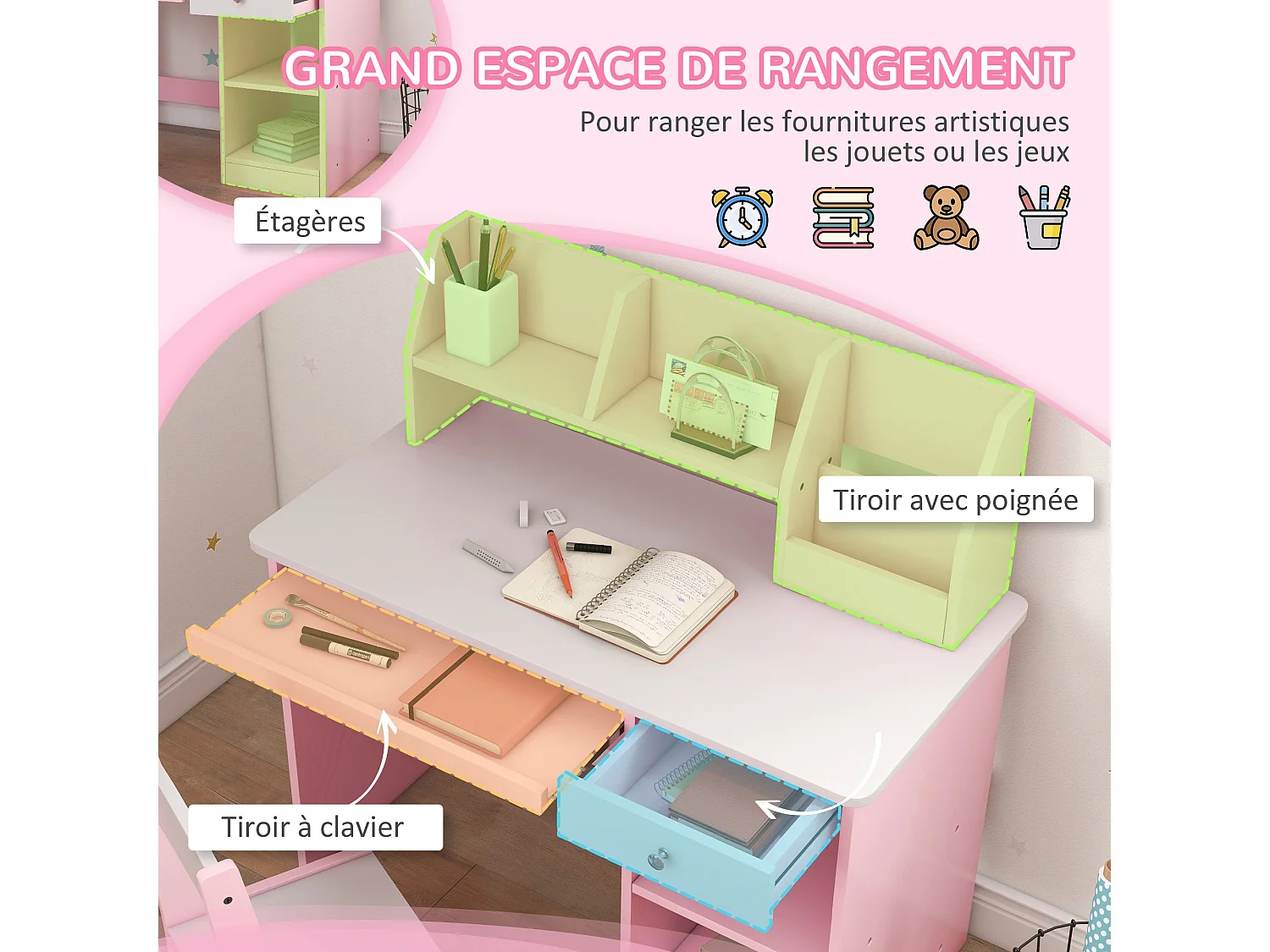 Bureau enfant multi-rangement - ensemble bureau, chaise, étagère - tiroir, plateau coulissant, 2 niches, 2 étagères, 2 présentoirs livres - rose