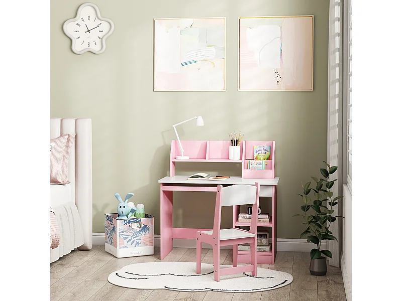 Bureau enfant multi-rangement - ensemble bureau, chaise, étagère - tiroir, plateau coulissant, 2 niches, 2 étagères, 2 présentoirs livres - rose