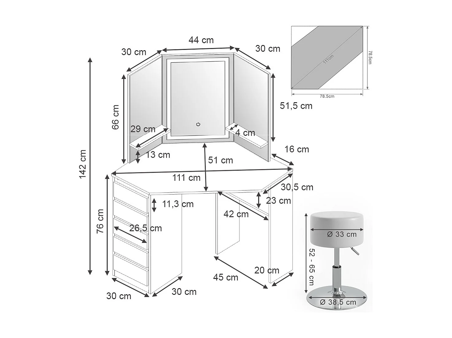 Tocador de esquina blanco 110x54x141.5 arielle