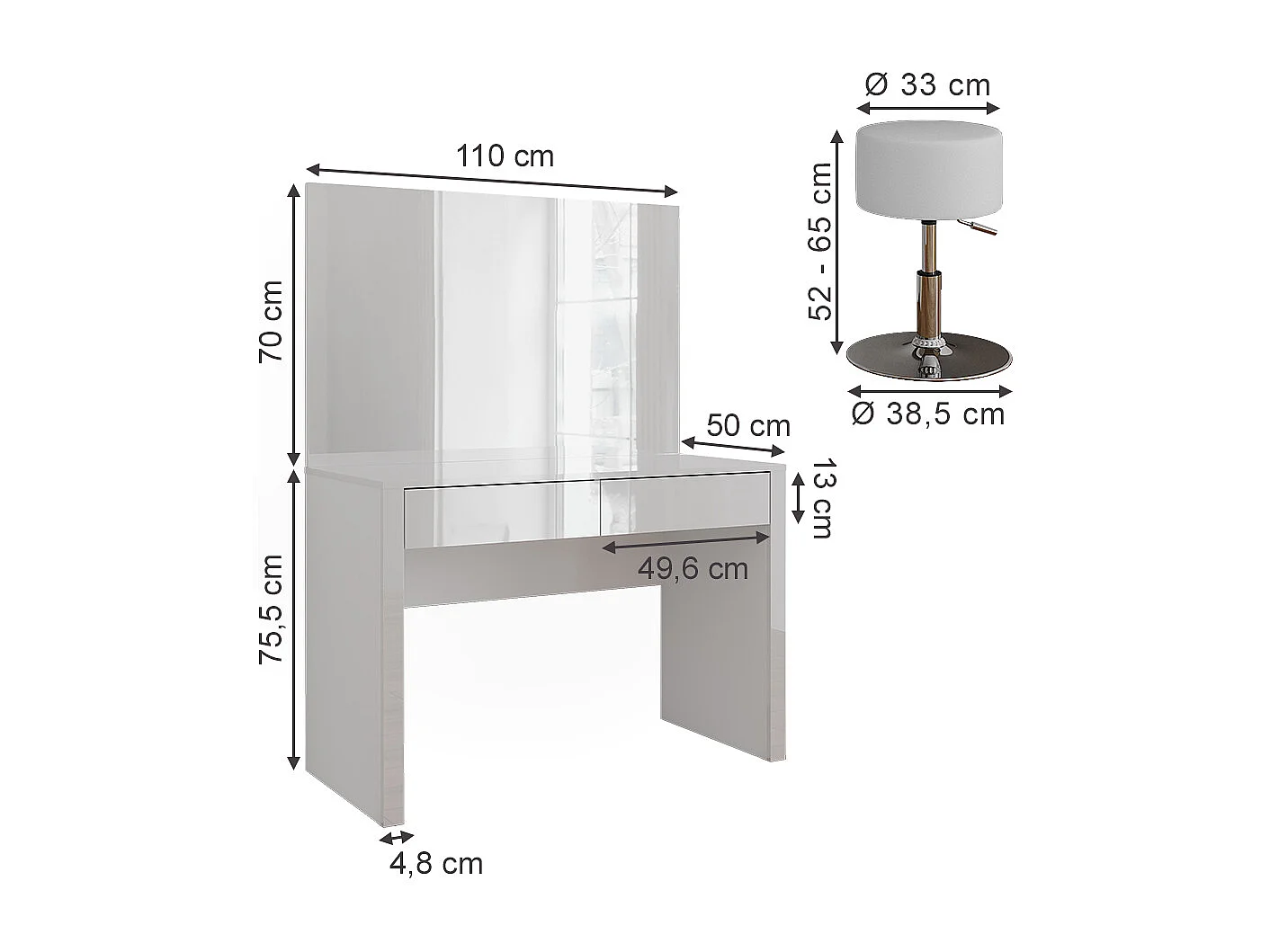 Coiffeuse blanc brillant/blanc 110x50x75.5 annabelle
