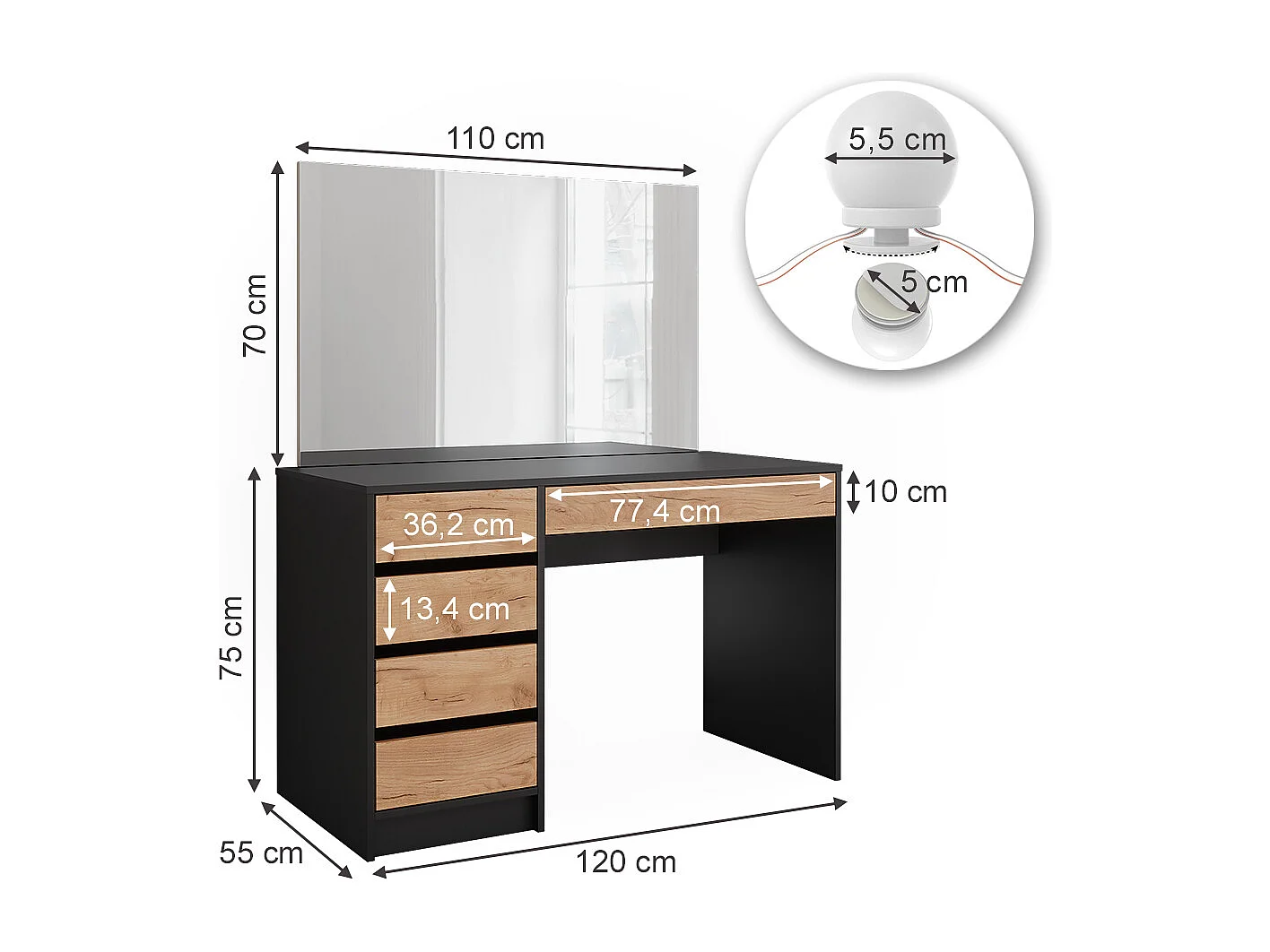 Dressing table anthracite/golden oak 120x55x75 sherry