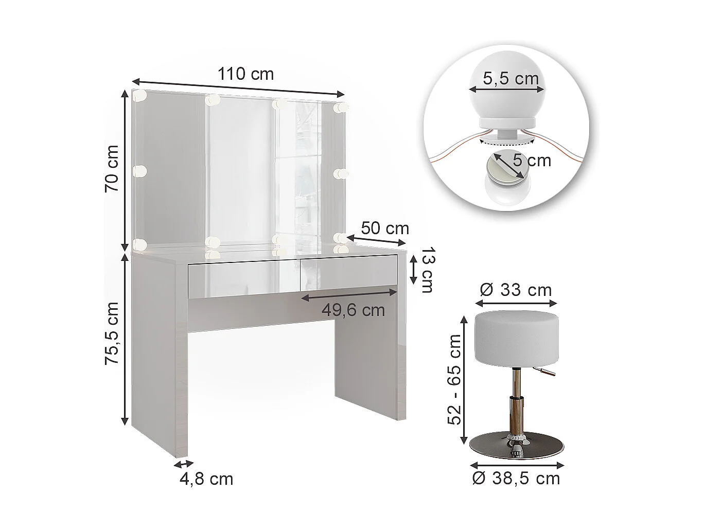 Frisørbord hvid højglans/hvid 110x50x75.5 annabelle