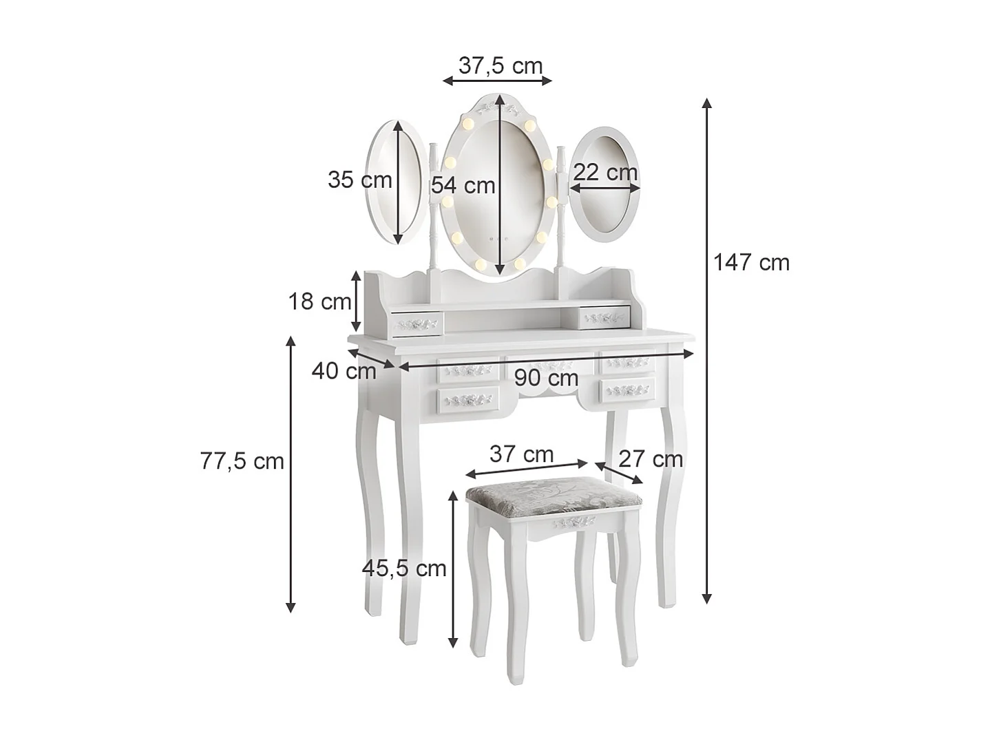 Schminktisch weiß 90x40x147 diana