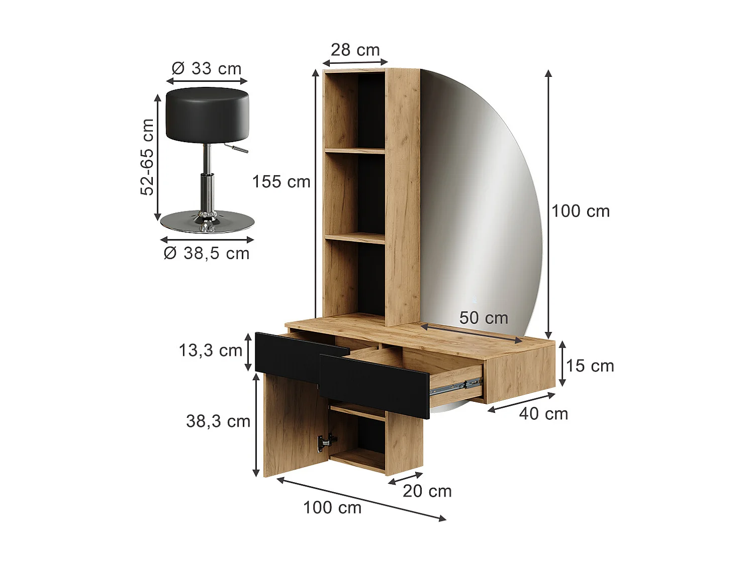 Coiffeuse chêne/noir 100x40x155 melora