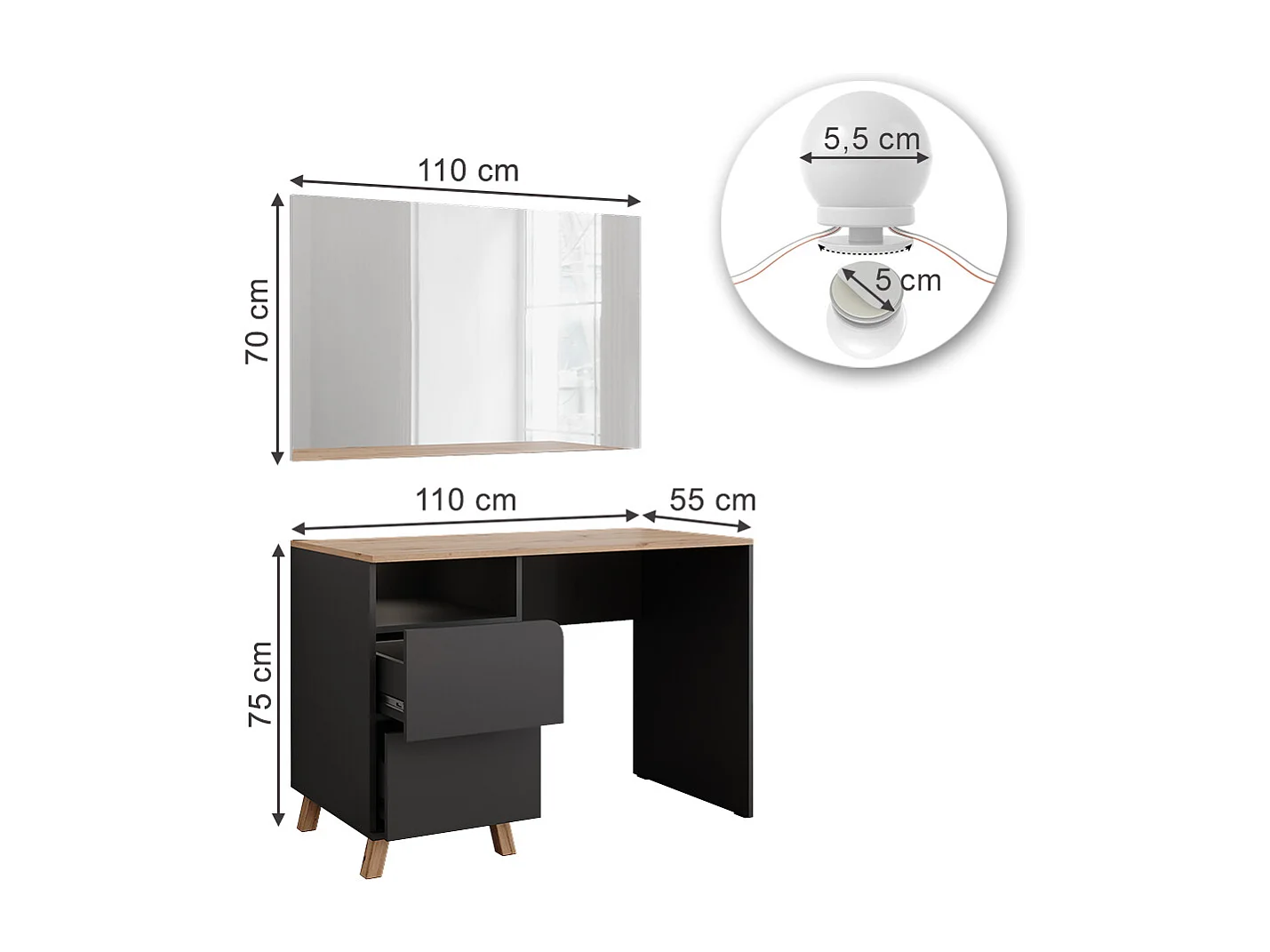 Coiffeuse anthracite/artisan 110x55x75 karen