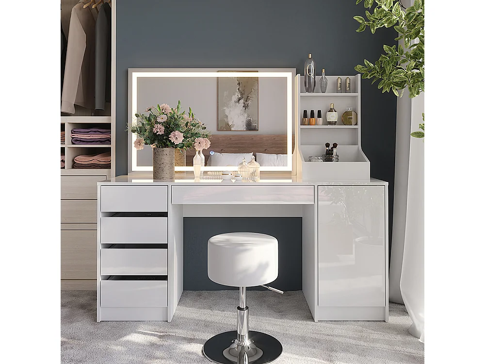 Kaptafel set met kruk wit/wit hoogglans 158.2x50.1x76 sherry